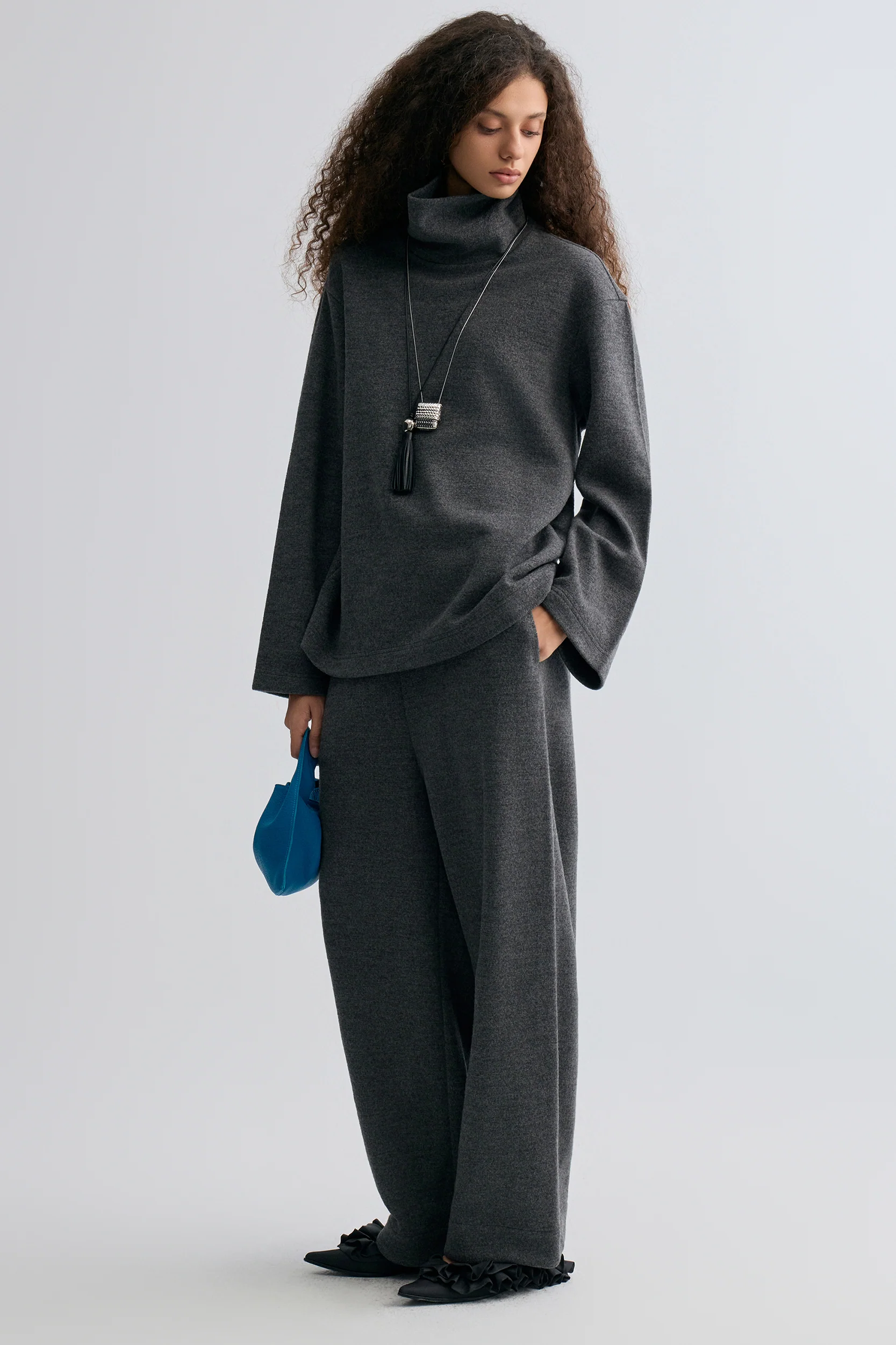 Boxy High Neck Wool Sweater Grey Melange