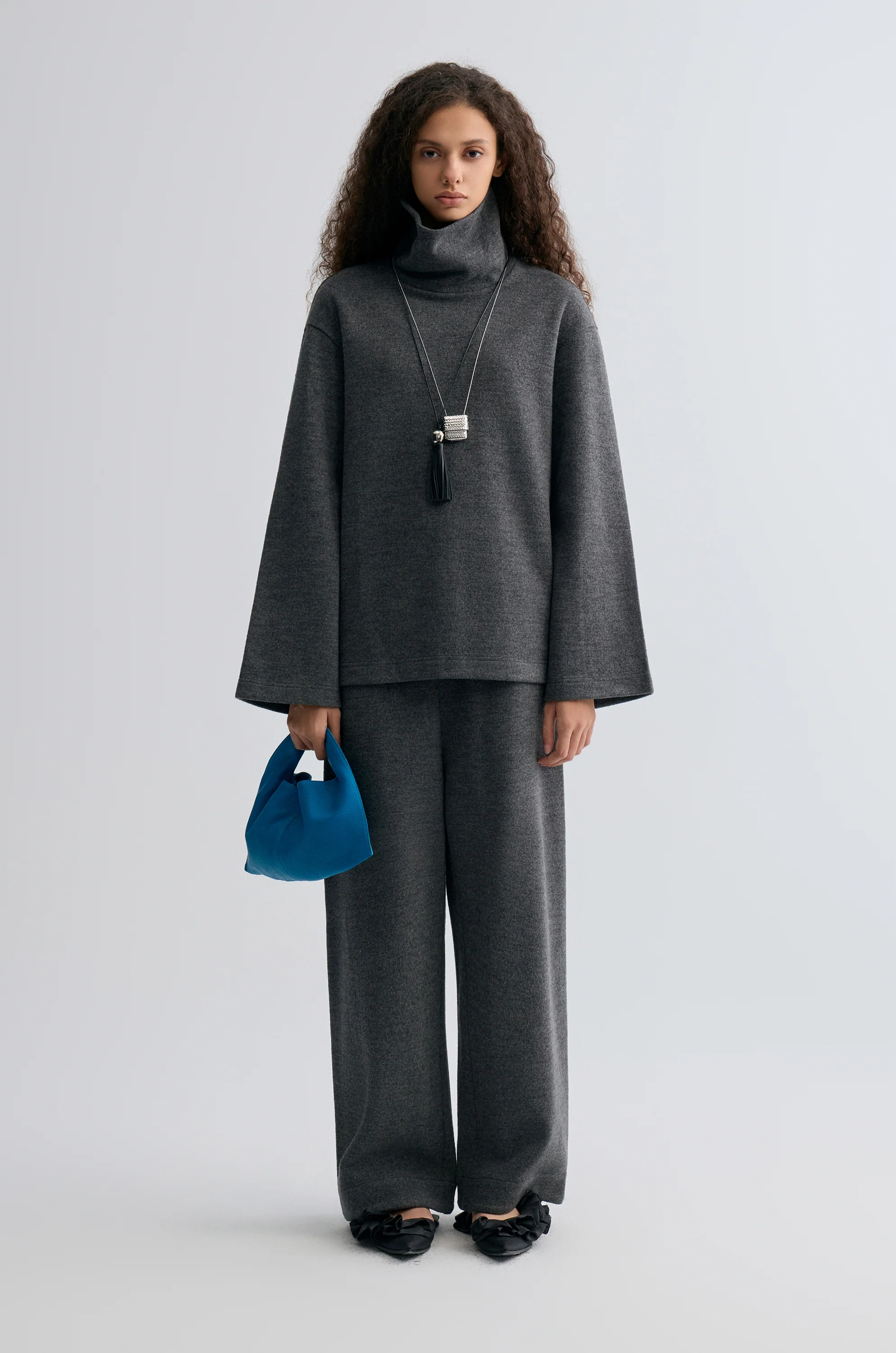 Boxy High Neck Wool Sweater Grey Melange - Image 3