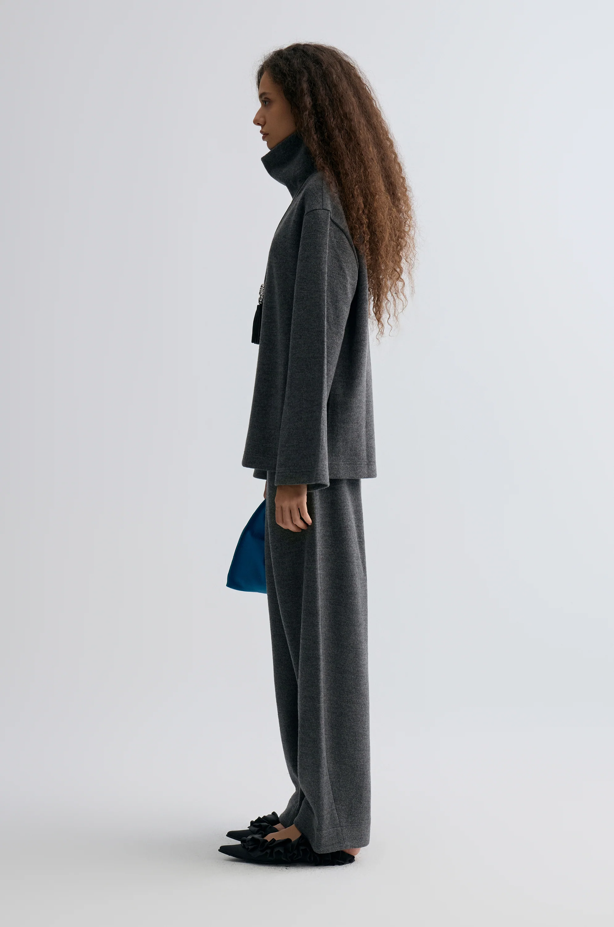 Boxy High Neck Wool Sweater Grey Melange - Image 4