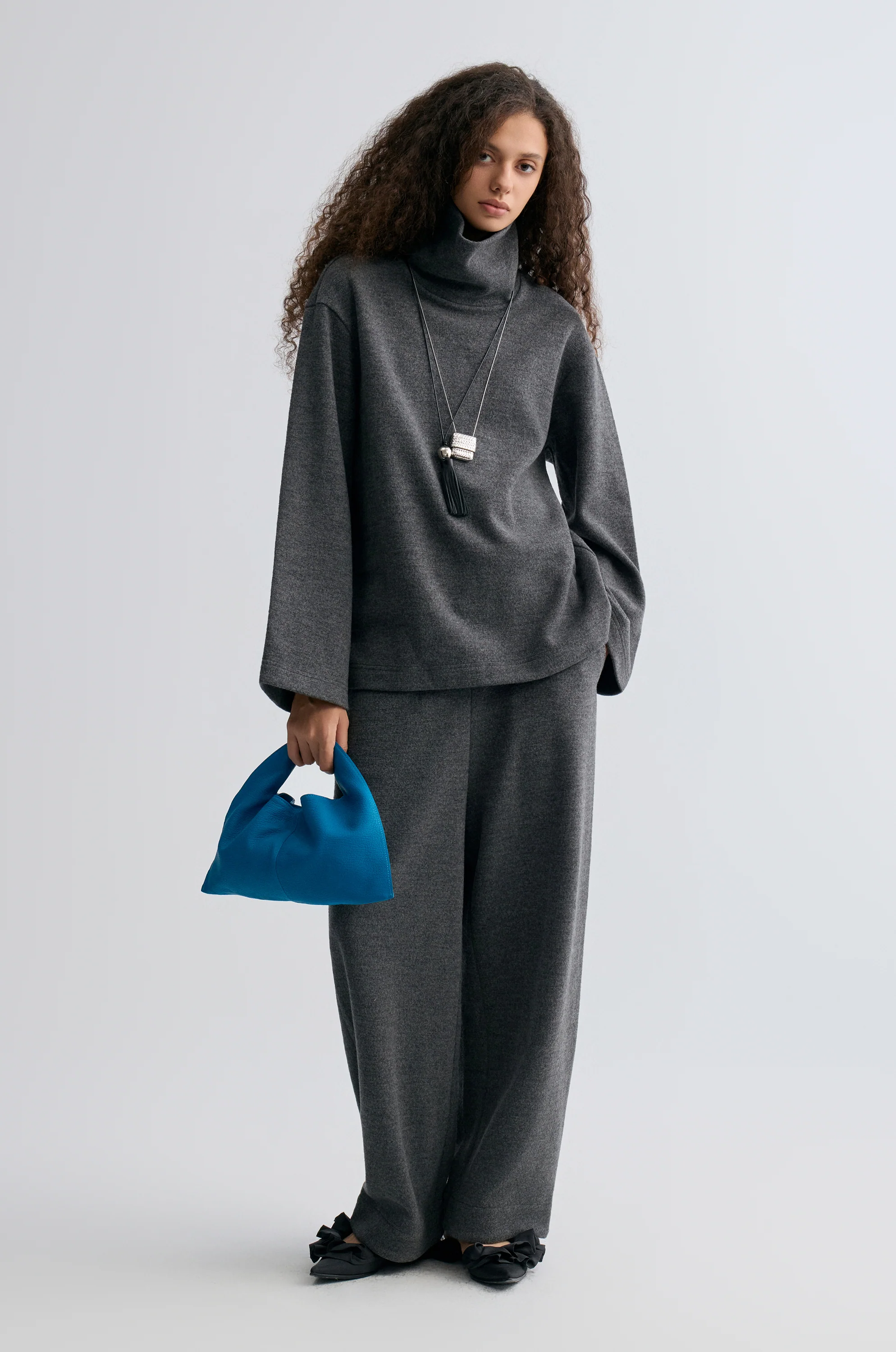 Boxy High Neck Wool Sweater Grey Melange - Image 8