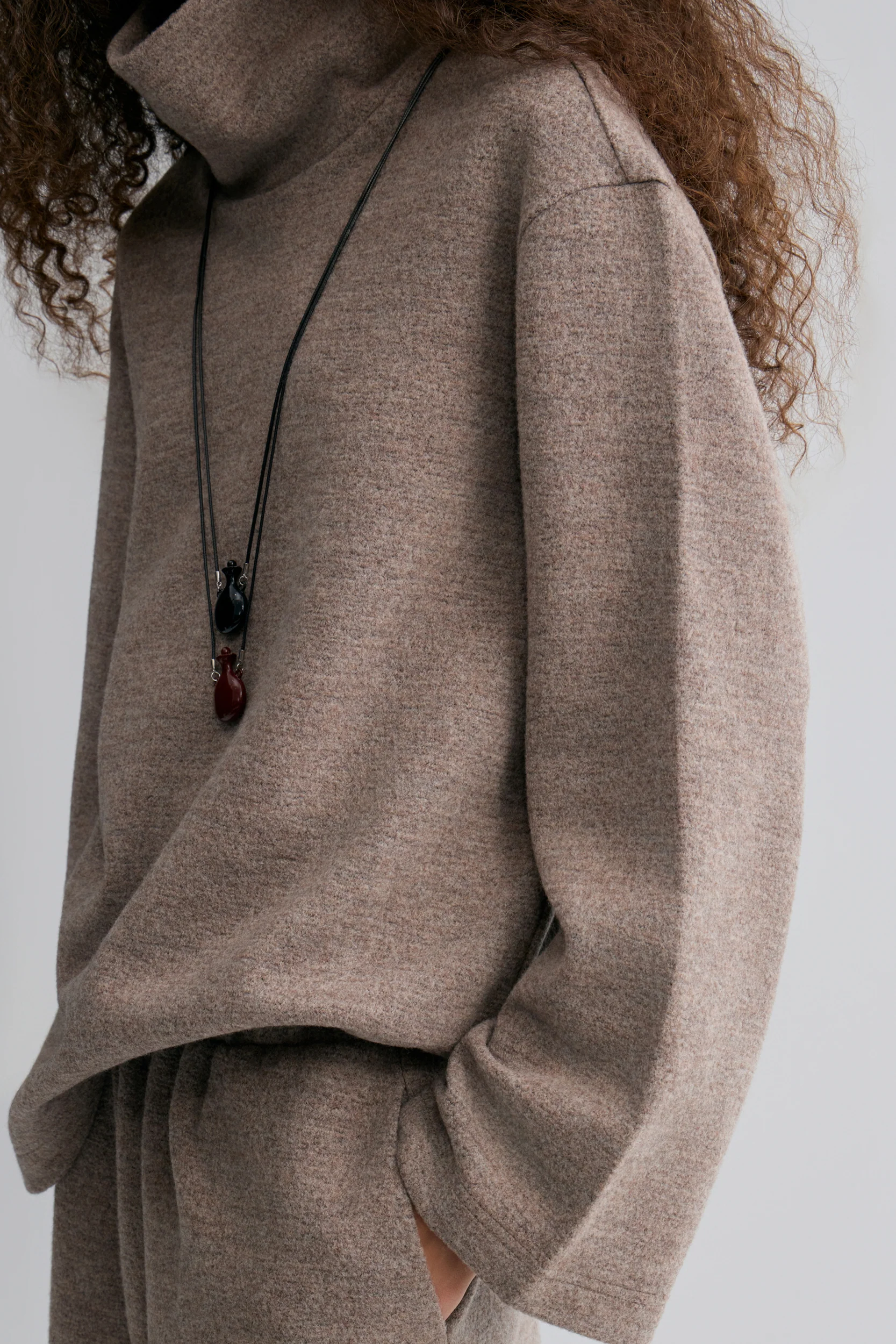 Boxy High Neck Wool Sweater Taupe Melange - Image 2