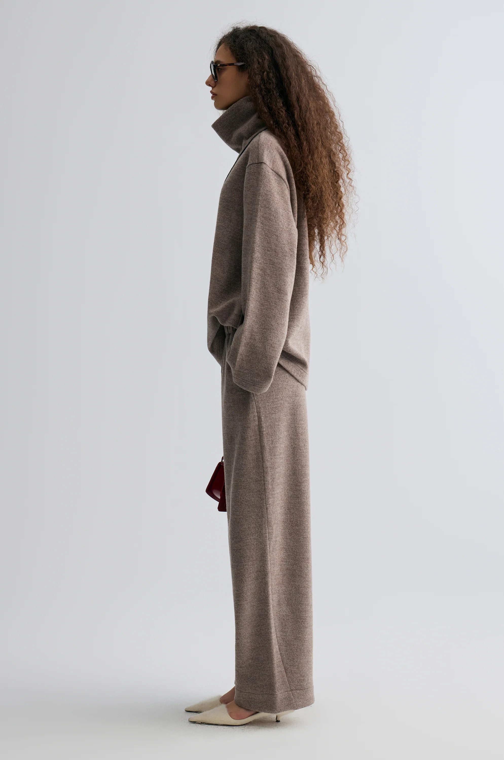 Boxy High Neck Wool Sweater Taupe Melange - Image 4