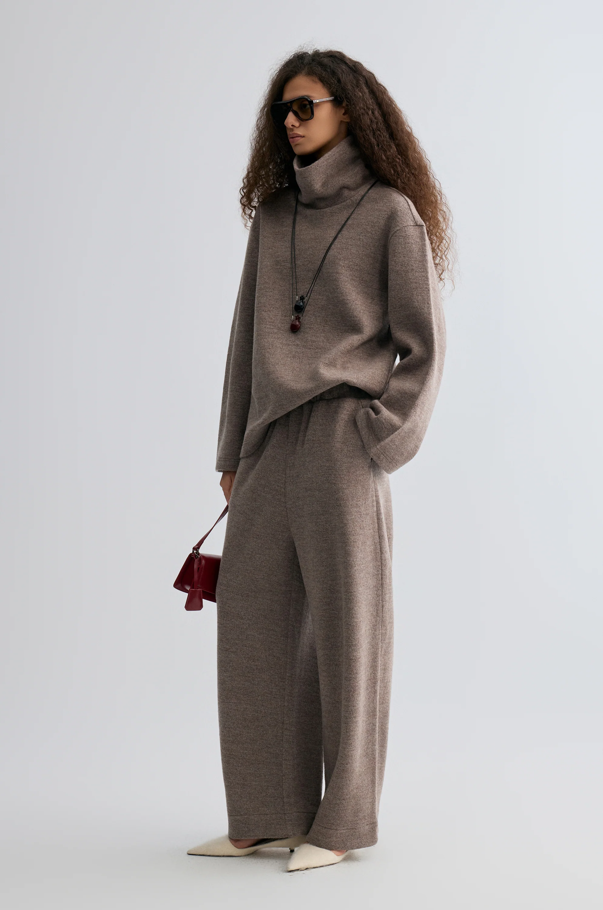Boxy High Neck Wool Sweater Taupe Melange - Image 6