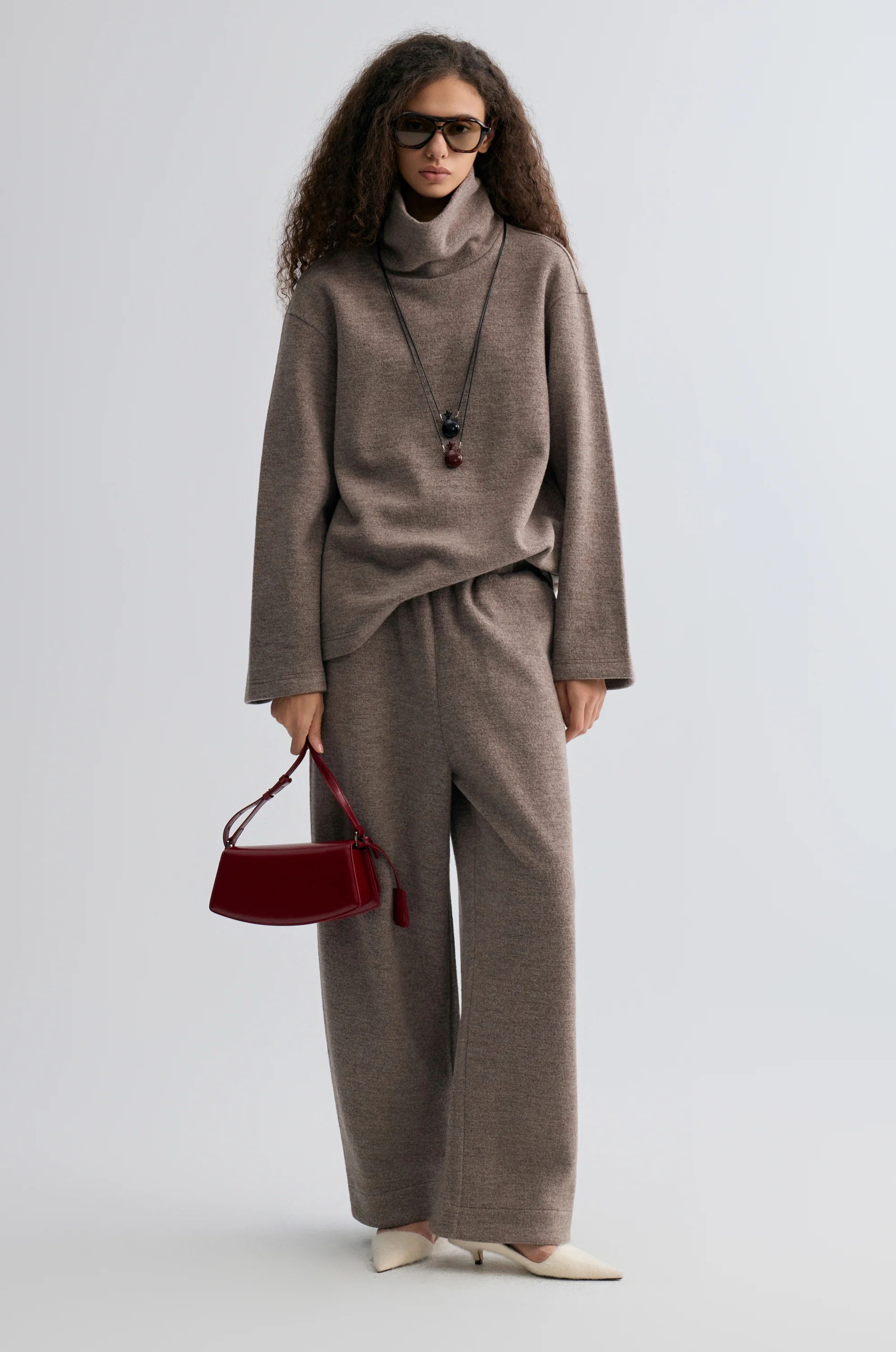 Boxy High Neck Wool Sweater Taupe Melange - Image 8