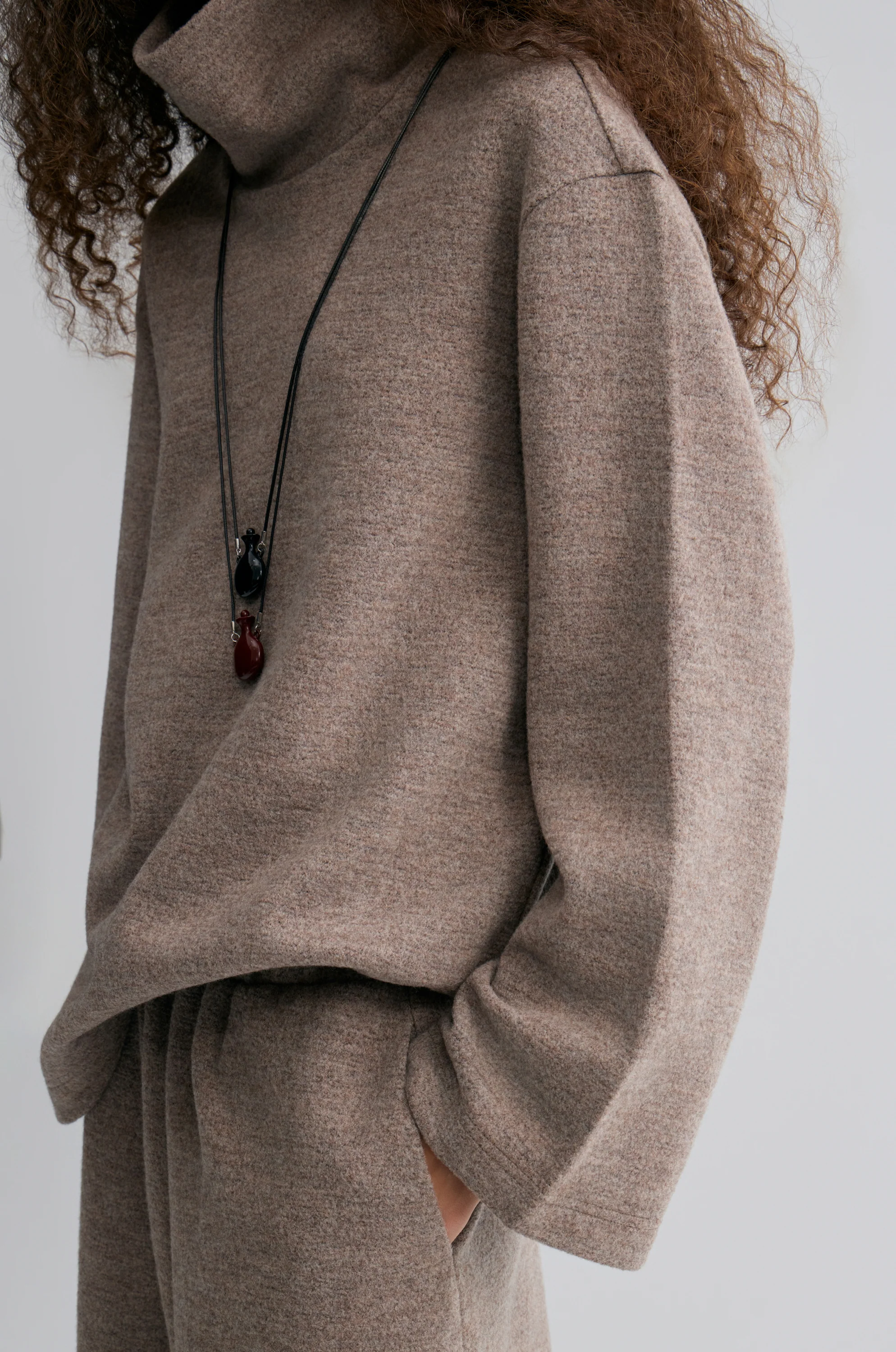 Boxy High Neck Wool Sweater Taupe Melange - Image 9