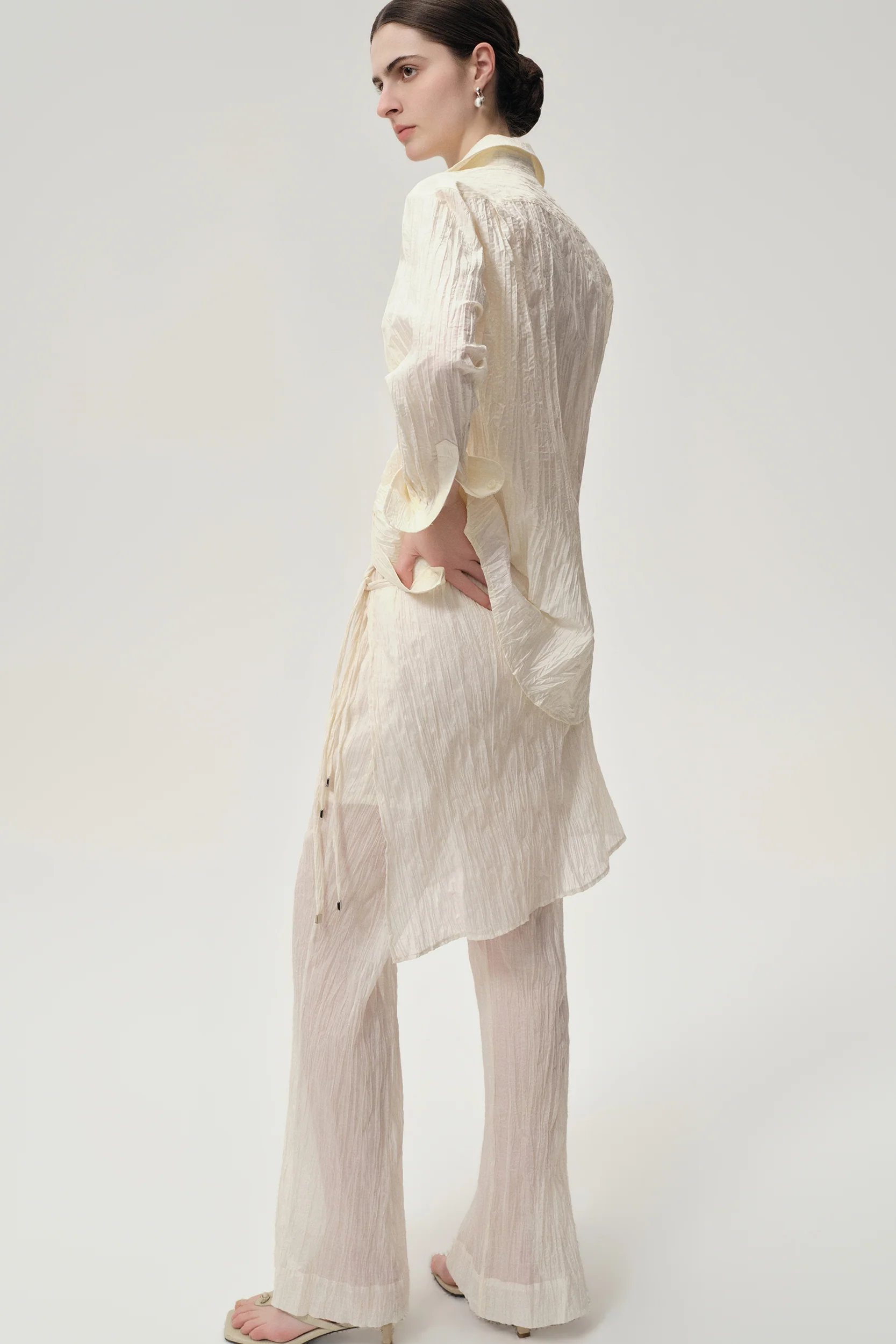 Crinkled Gauze Layered Skirt Trousers Ecru - Image 2