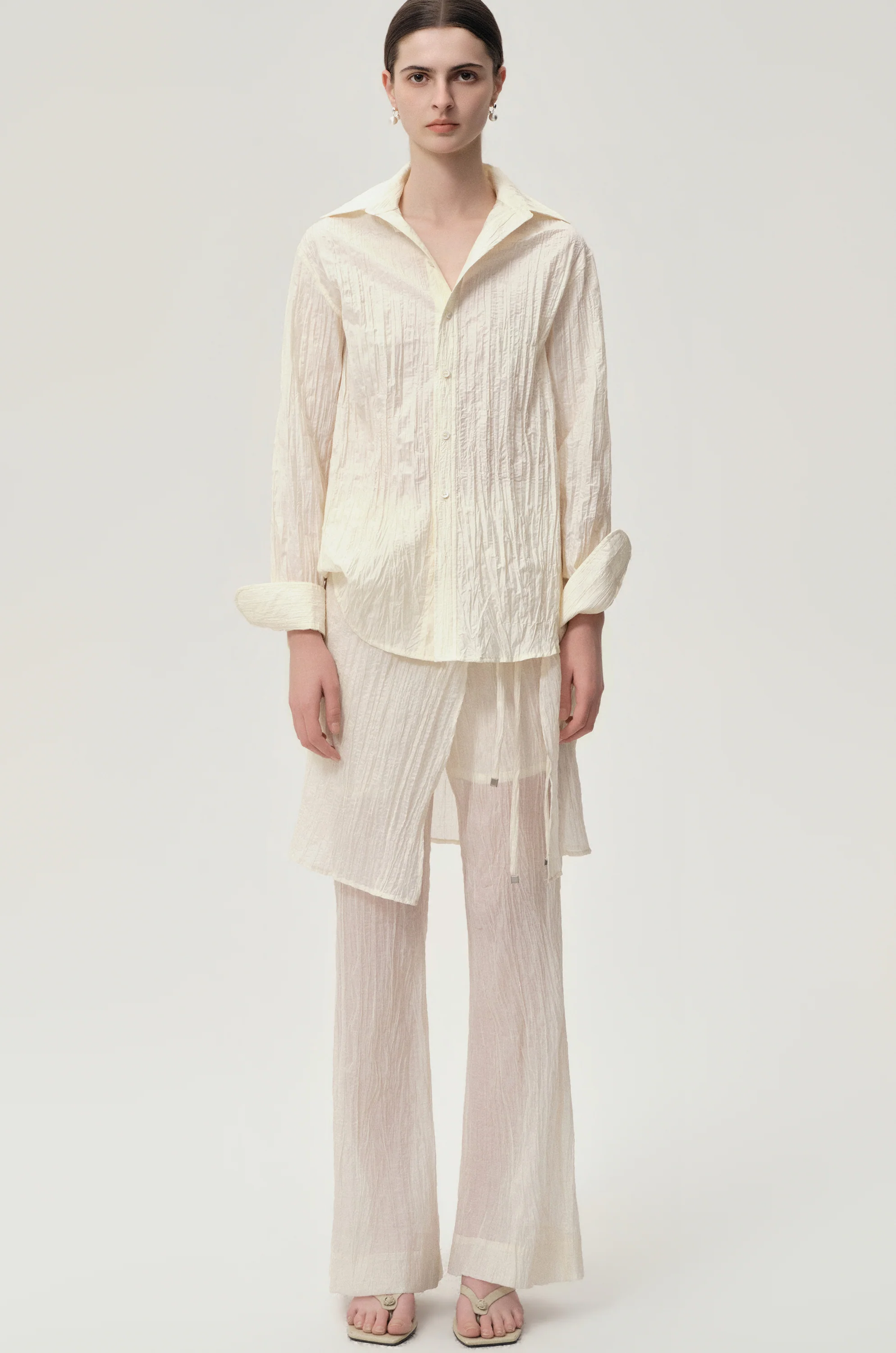 Crinkled Gauze Layered Skirt Trousers Ecru - Image 3