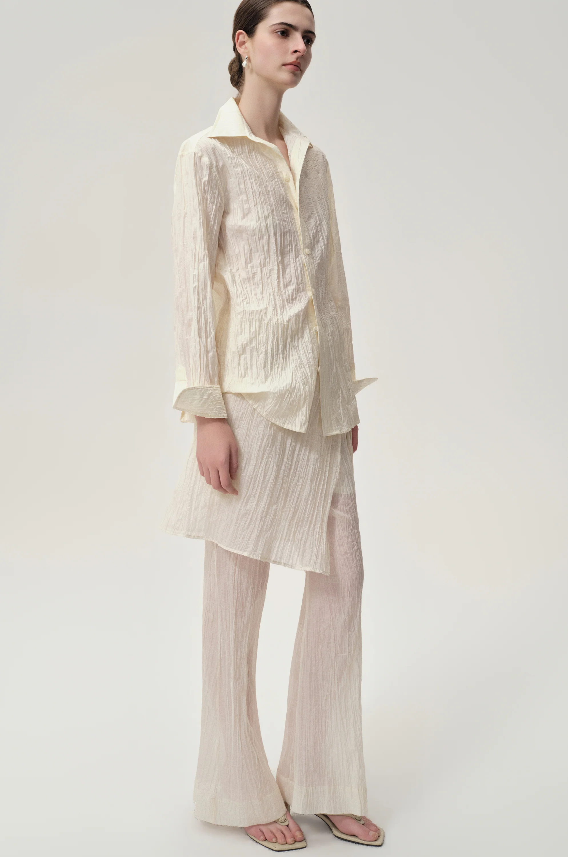 Crinkled Gauze Layered Skirt Trousers Ecru - Image 4