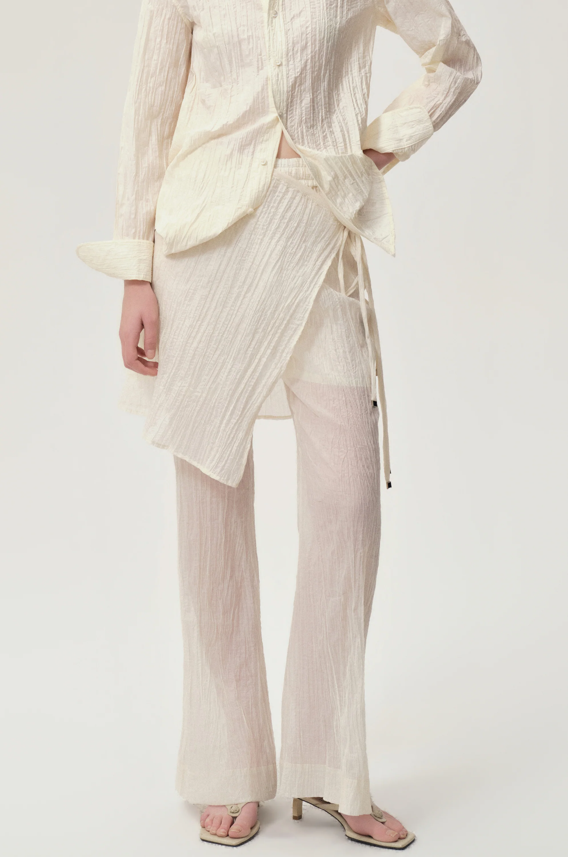 Crinkled Gauze Layered Skirt Trousers Ecru - Image 5