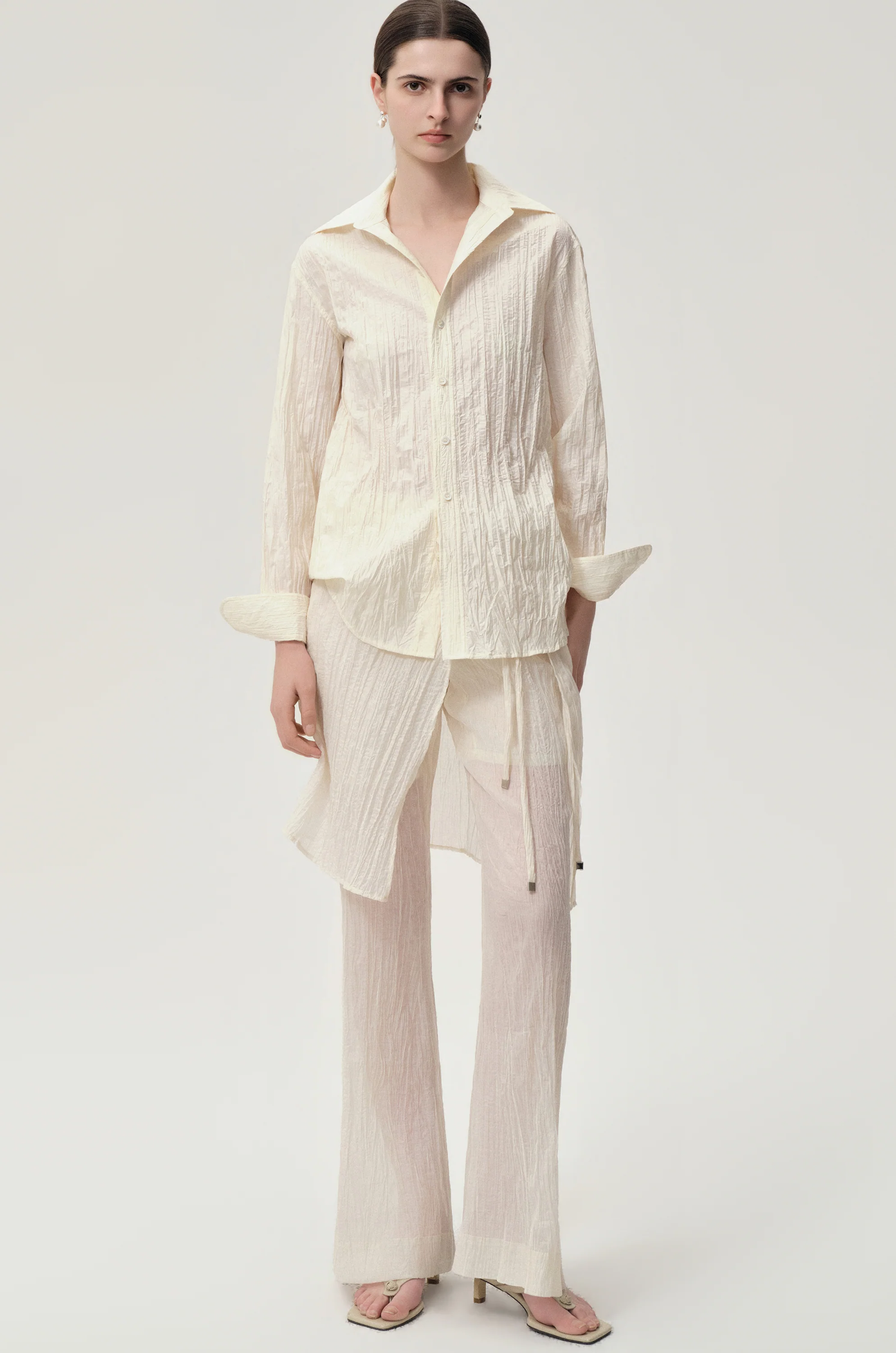 Crinkled Gauze Layered Skirt Trousers Ecru - Image 7