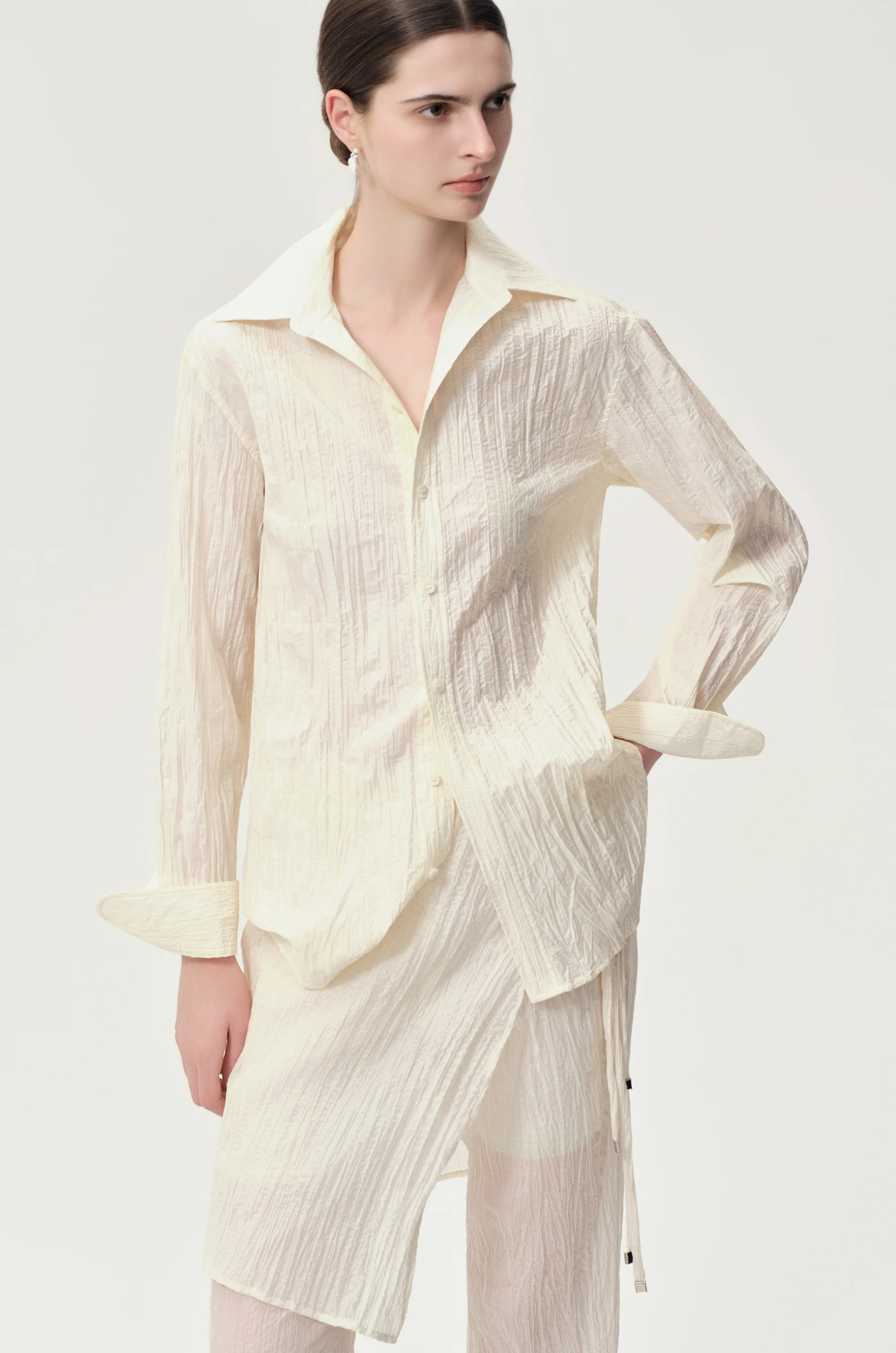 Crinkled Gauze Shirt Ecru - Image 3