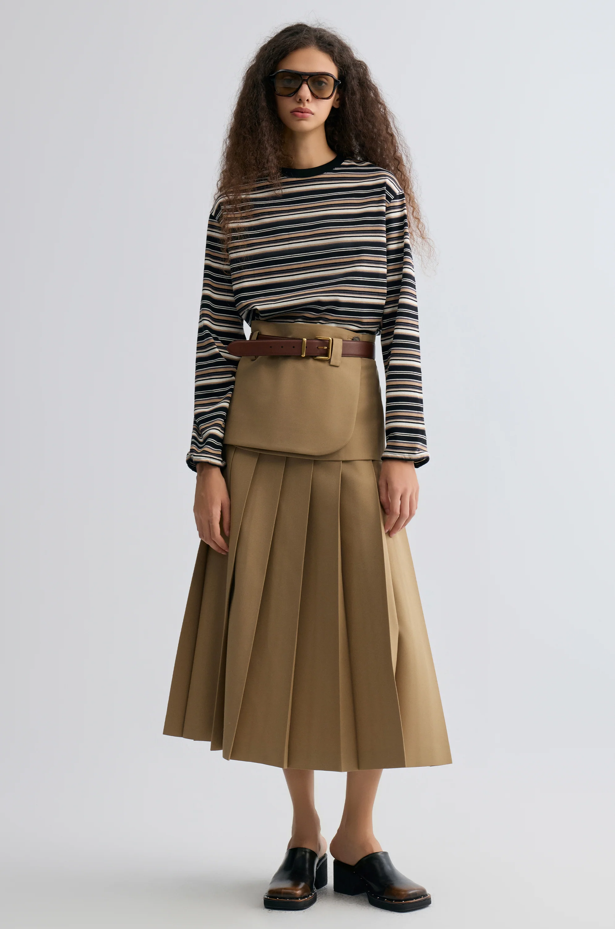 Double-layered Pleated Gabardine Skirt Camel - Image 3