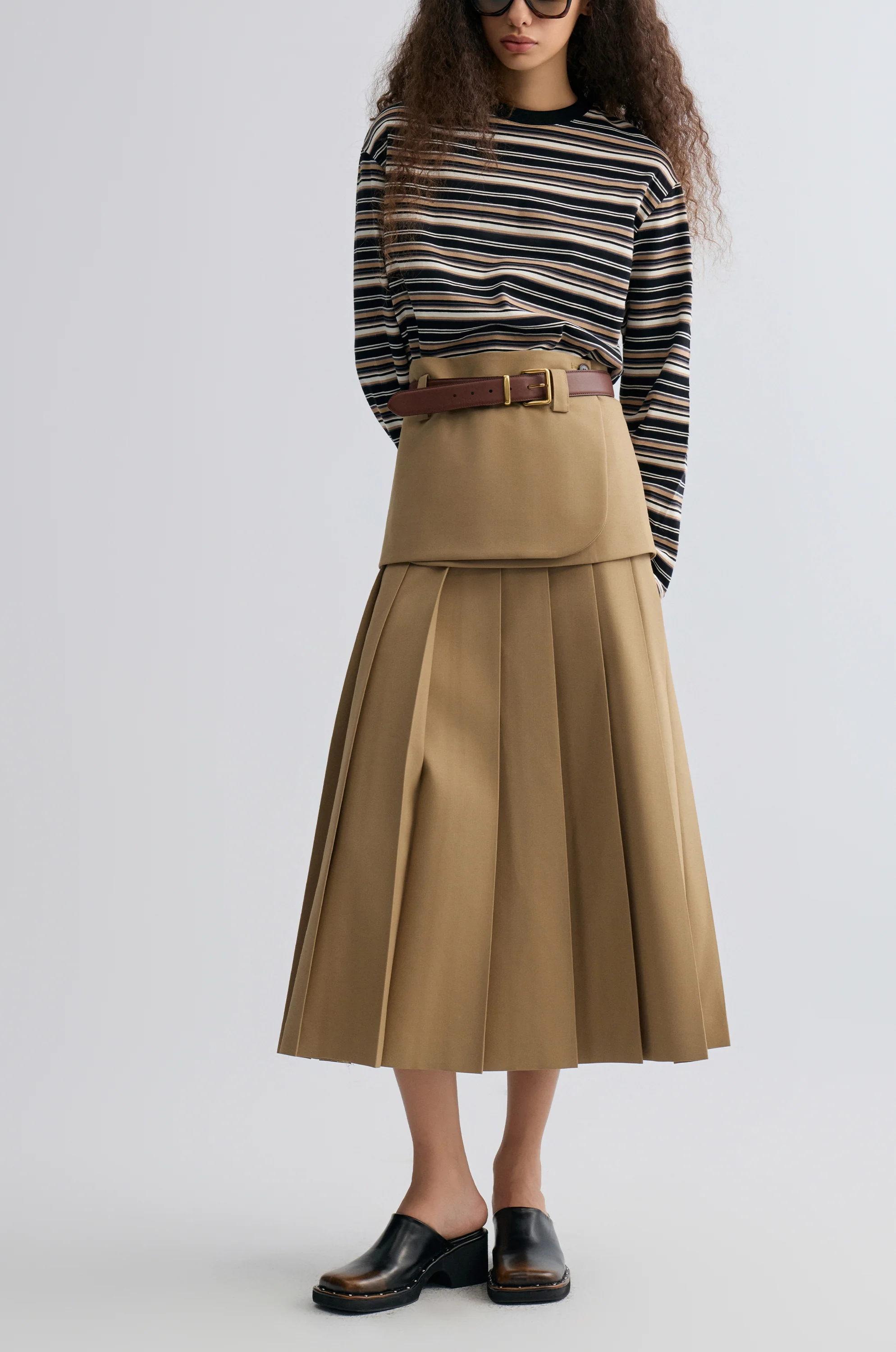 Double-layered Pleated Gabardine Skirt Camel - Image 5