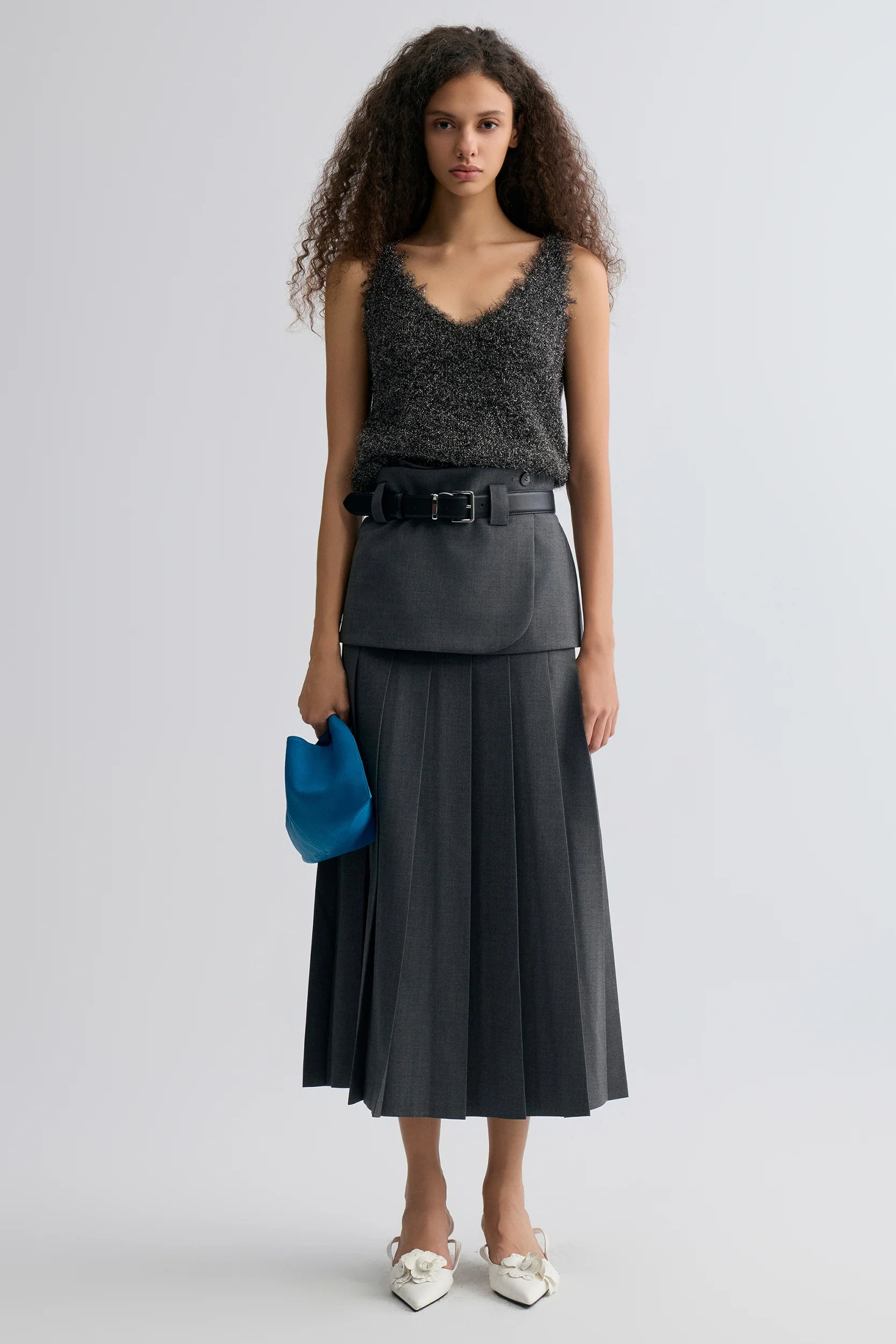 Double-layered Pleated Gabardine Skirt Grey melange