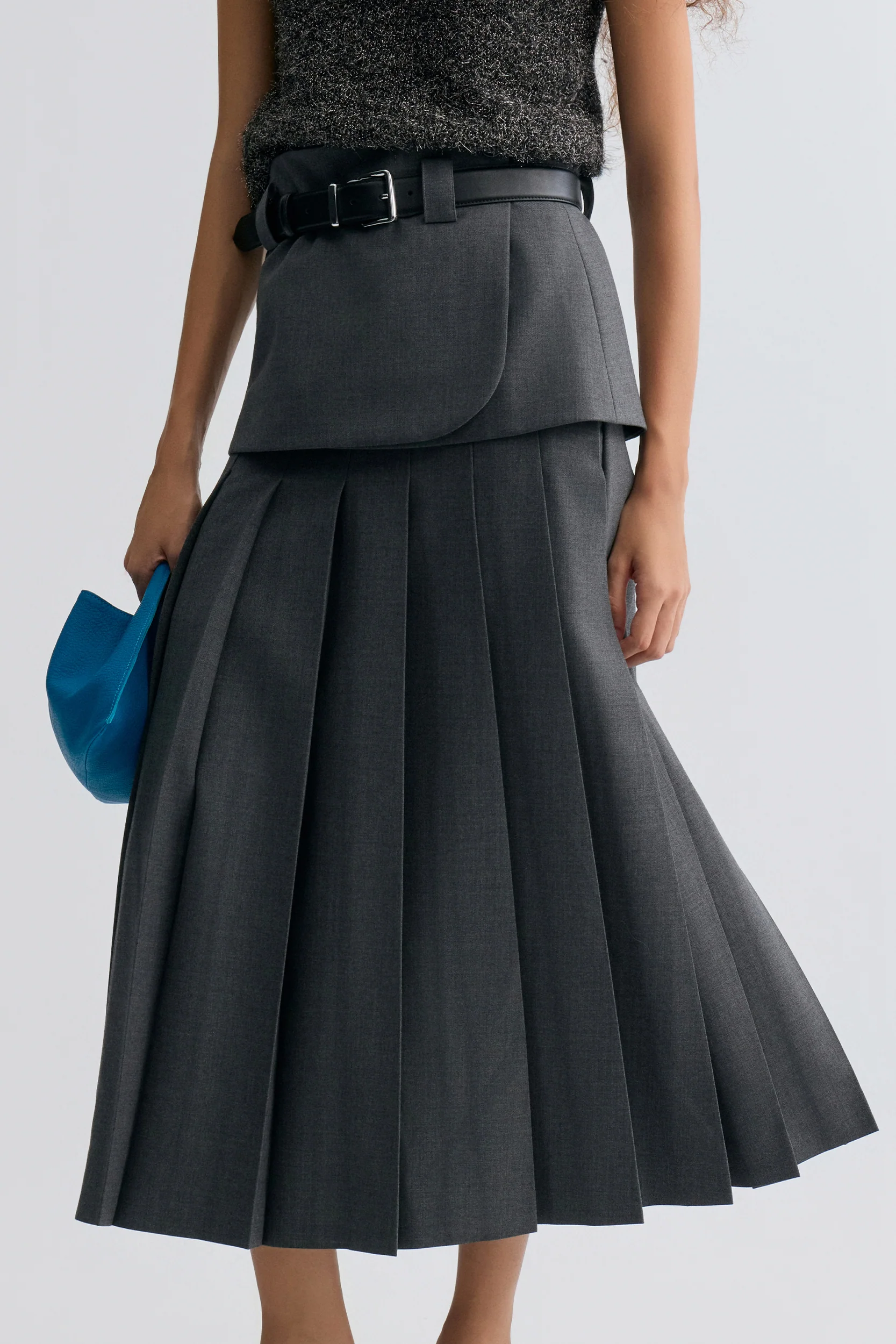 Double-layered Pleated Gabardine Skirt Grey melange - Image 2