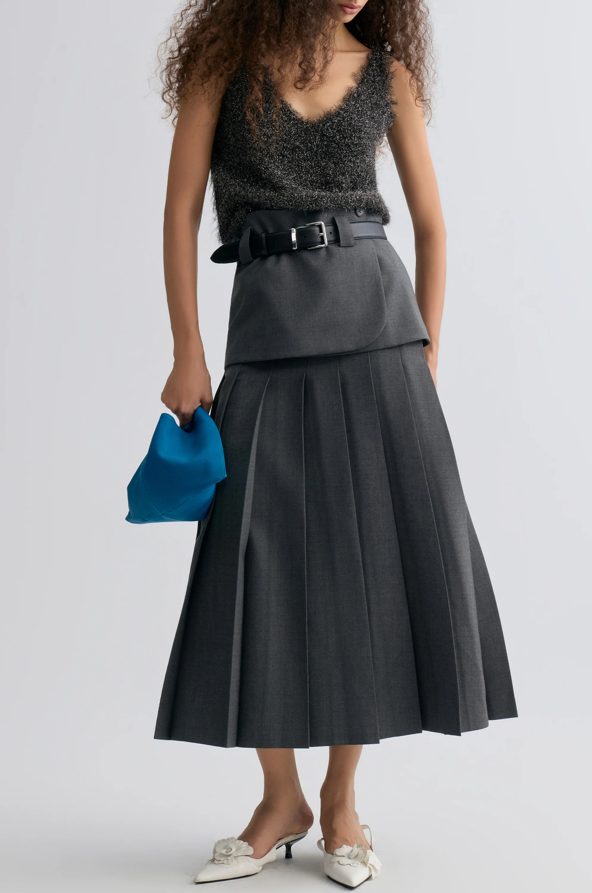 Double-layered Pleated Gabardine Skirt Grey melange - Image 6