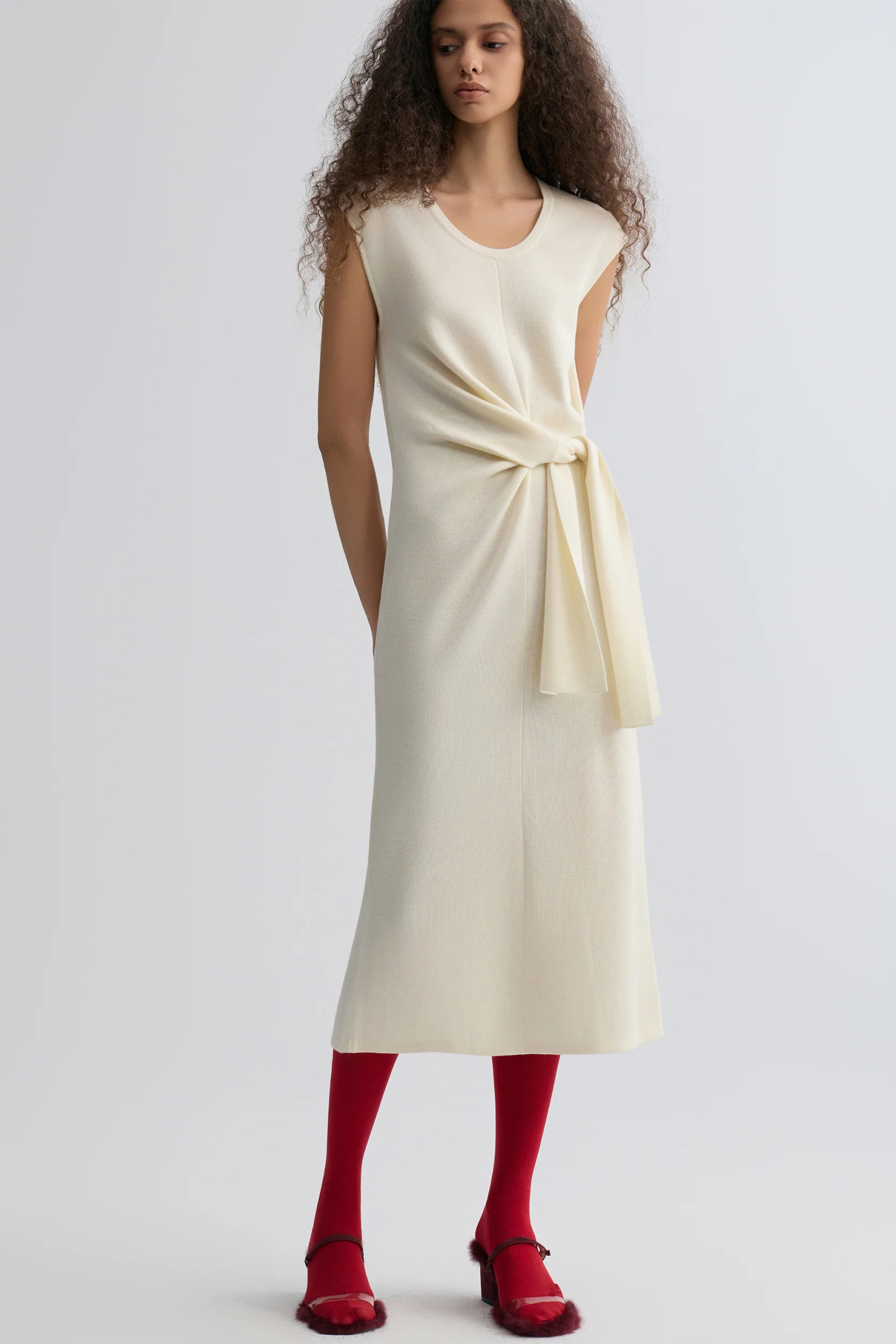 Knot-detail Knitted dress in Merino Wool Cream - Image 2