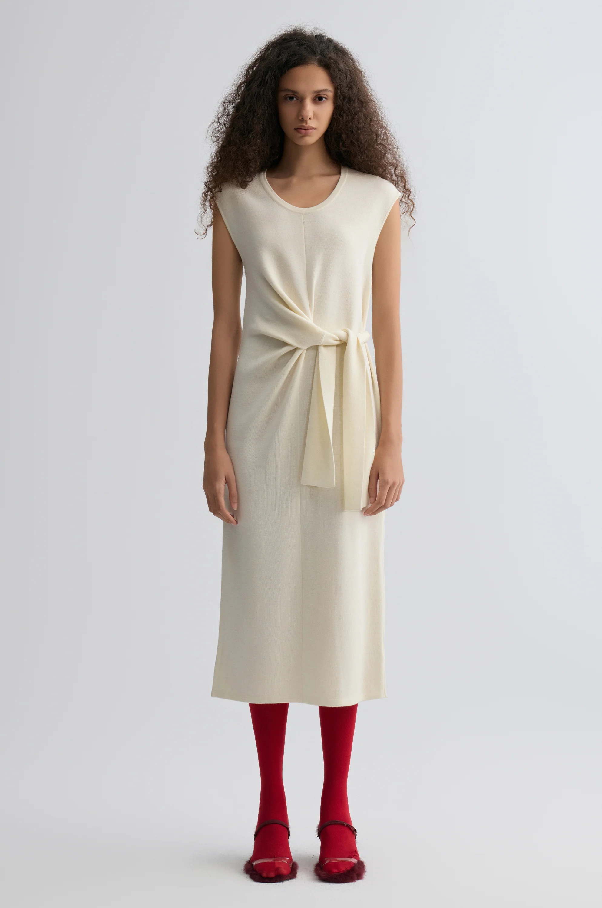 Knot-detail Knitted dress in Merino Wool Cream - Image 3