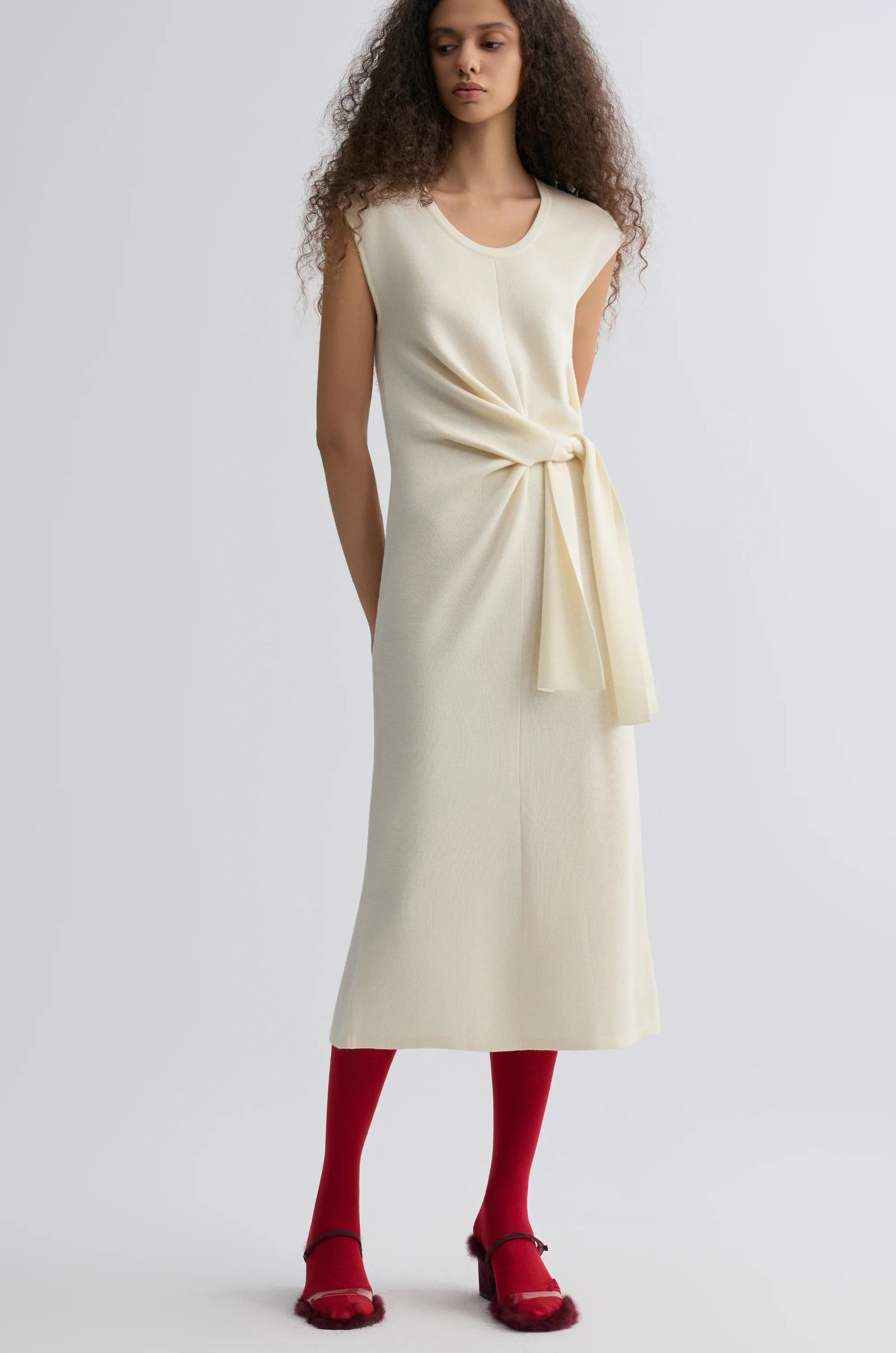 Knot-detail Knitted dress in Merino Wool Cream - Image 6