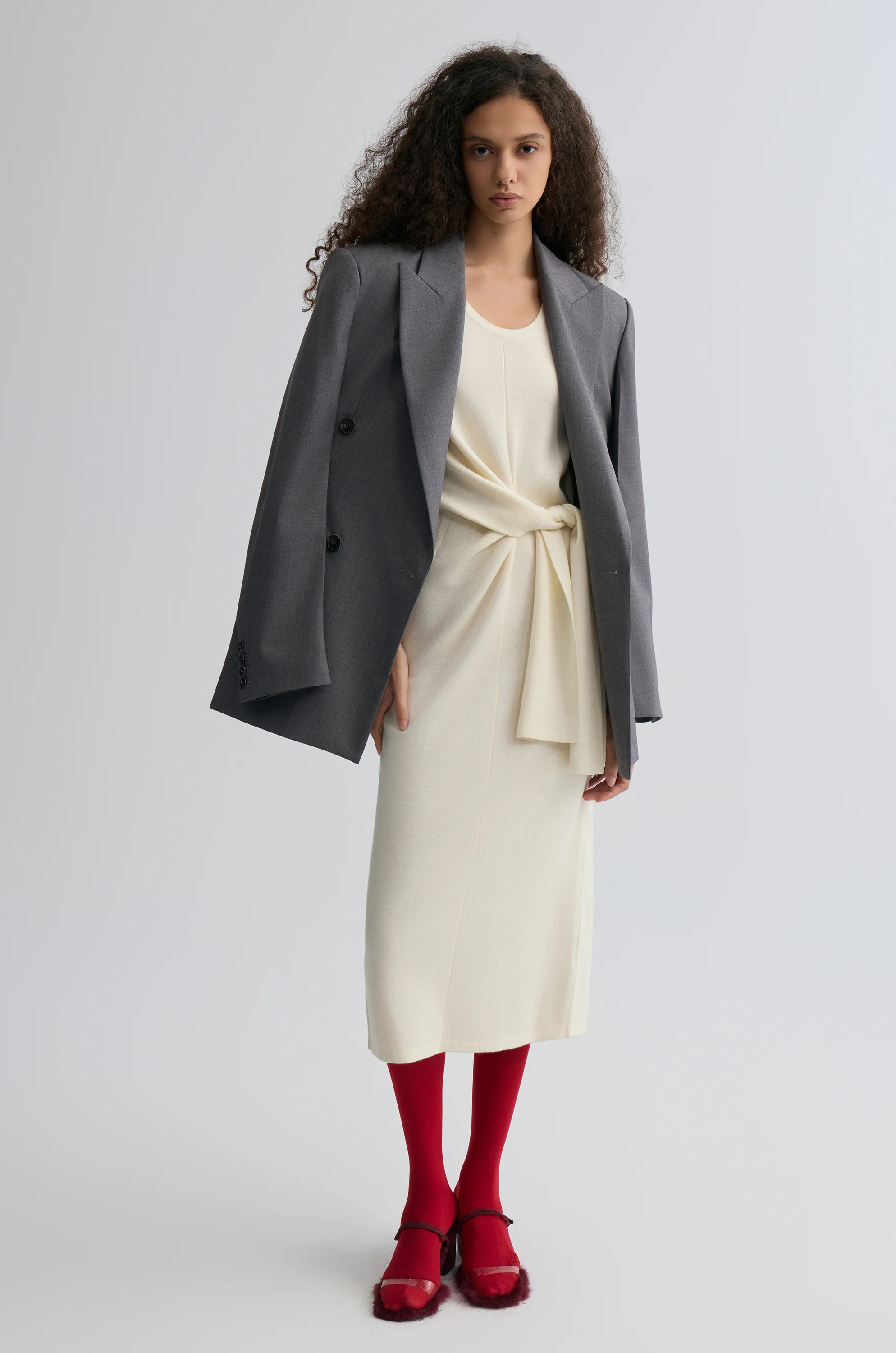 Knot-detail Knitted dress in Merino Wool Cream - Image 8