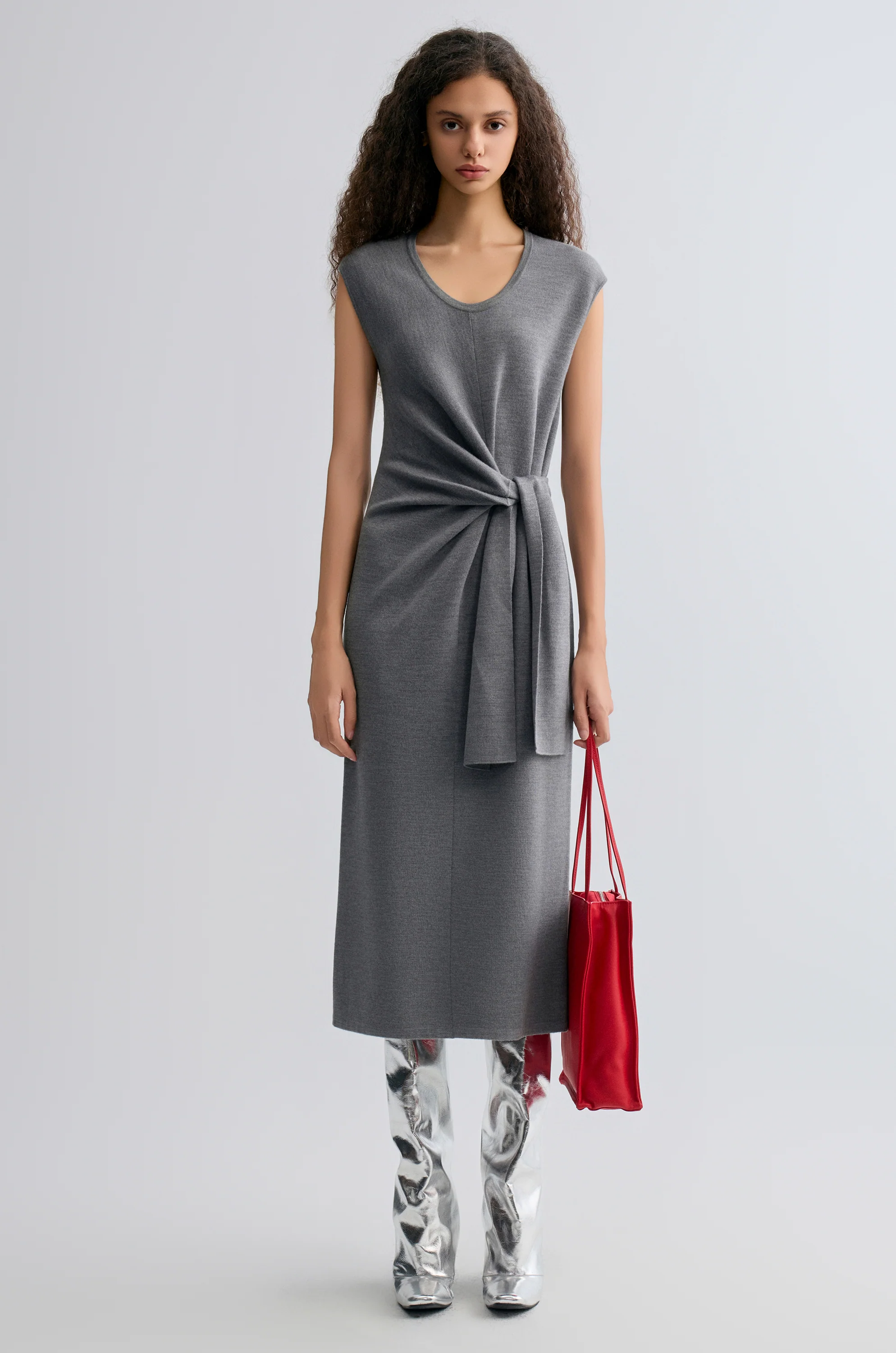 Knot-detail Knitted dress in Merino Wool Grey melange - Image 3