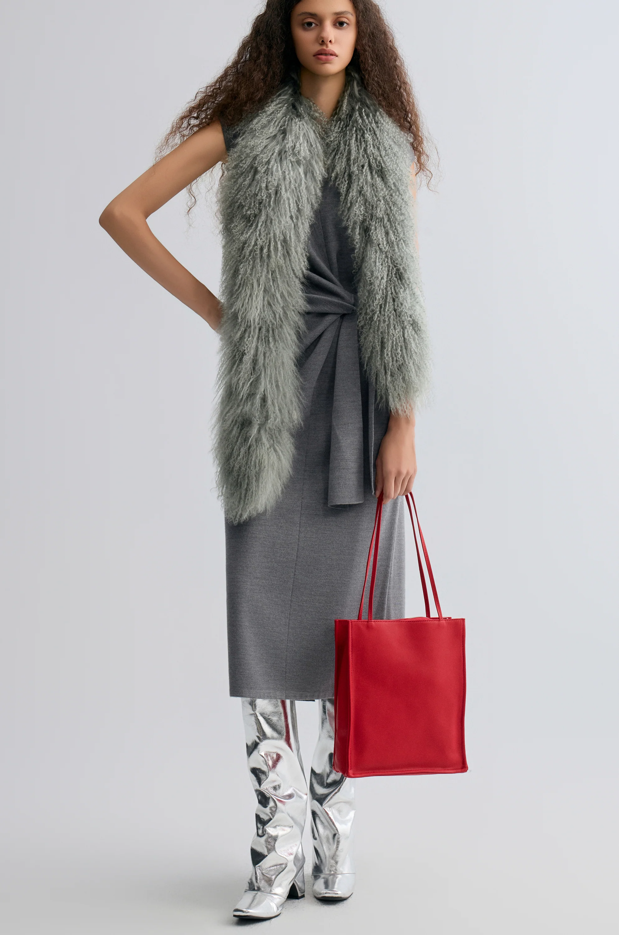 Knot-detail Knitted dress in Merino Wool Grey melange - Image 5