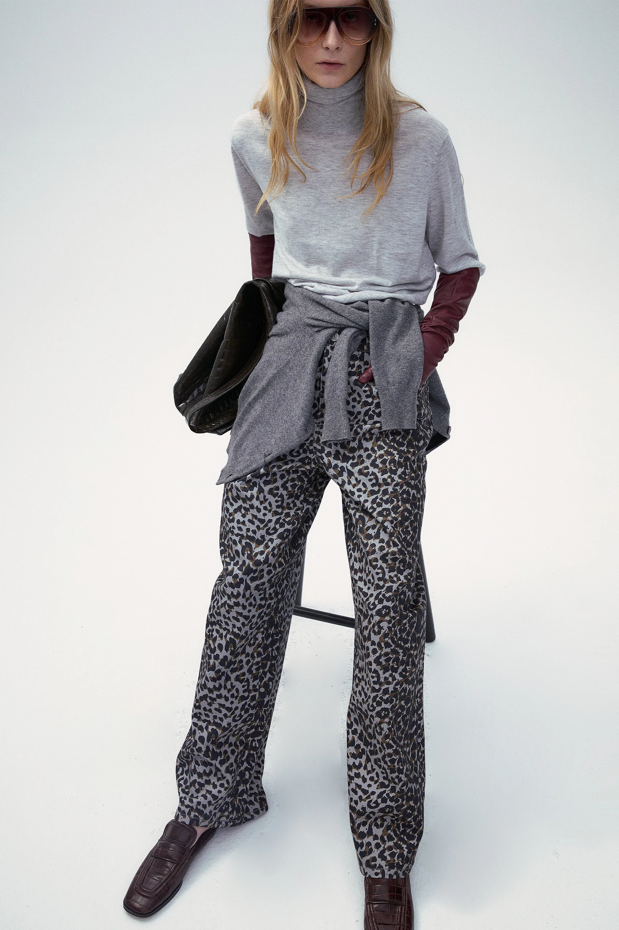 Gray Leopard Wide Leg Denim Jeans - Image 3