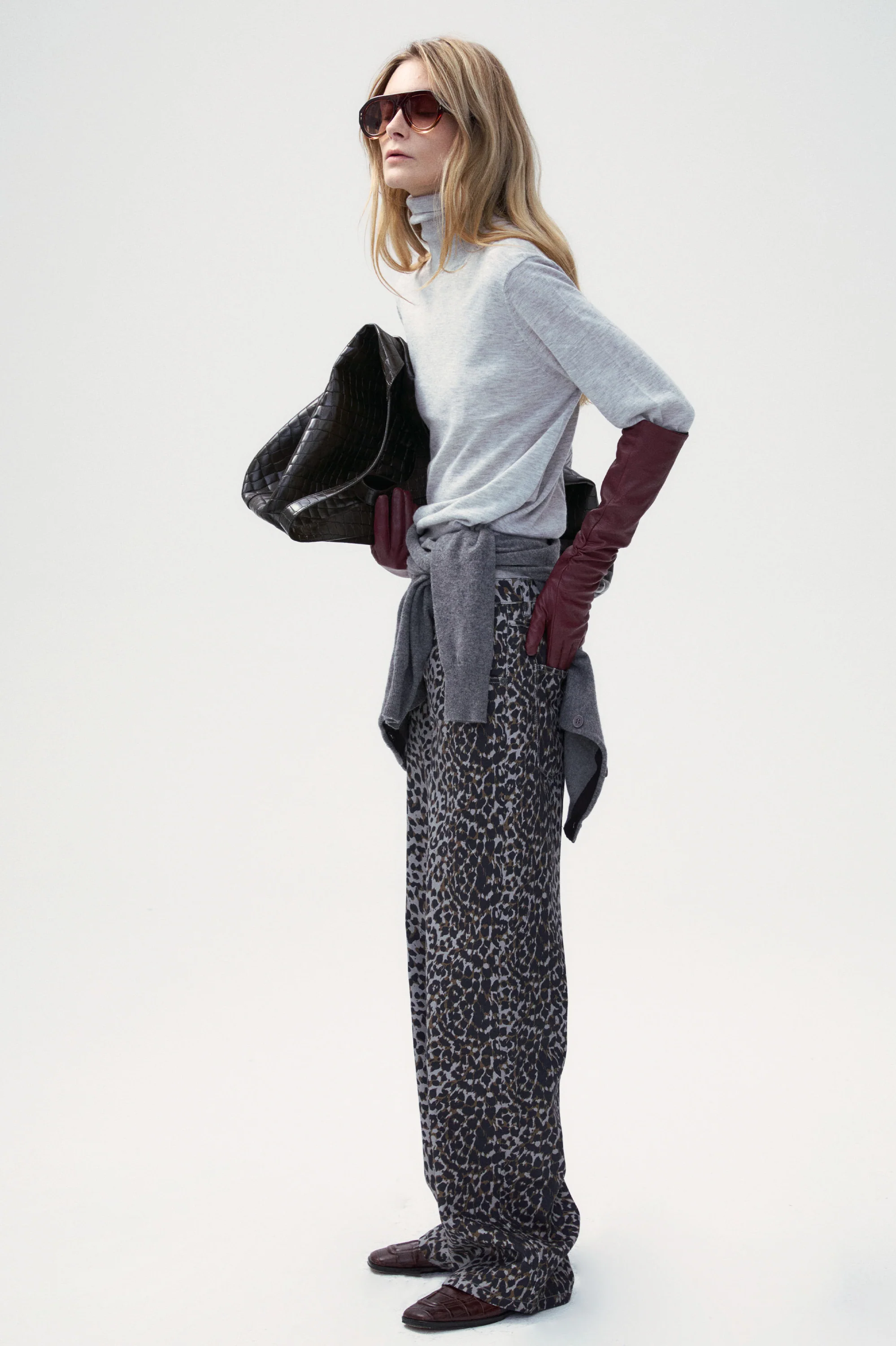 Gray Leopard Wide Leg Denim Jeans - Image 5