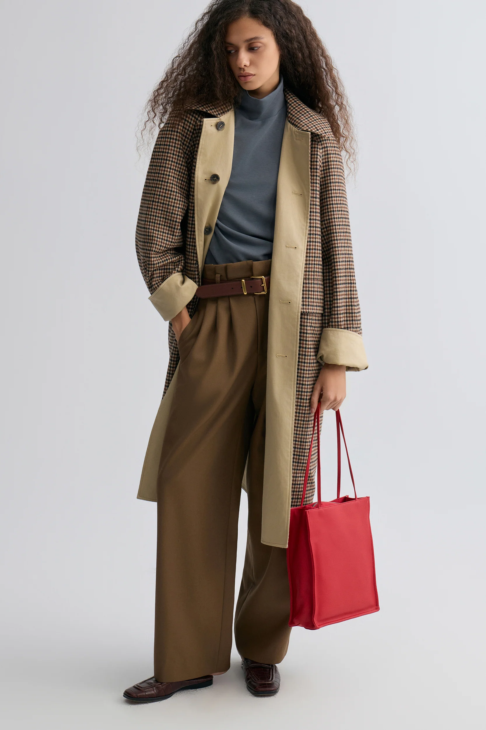 Reversible Twill and Check Trench Coat Beige