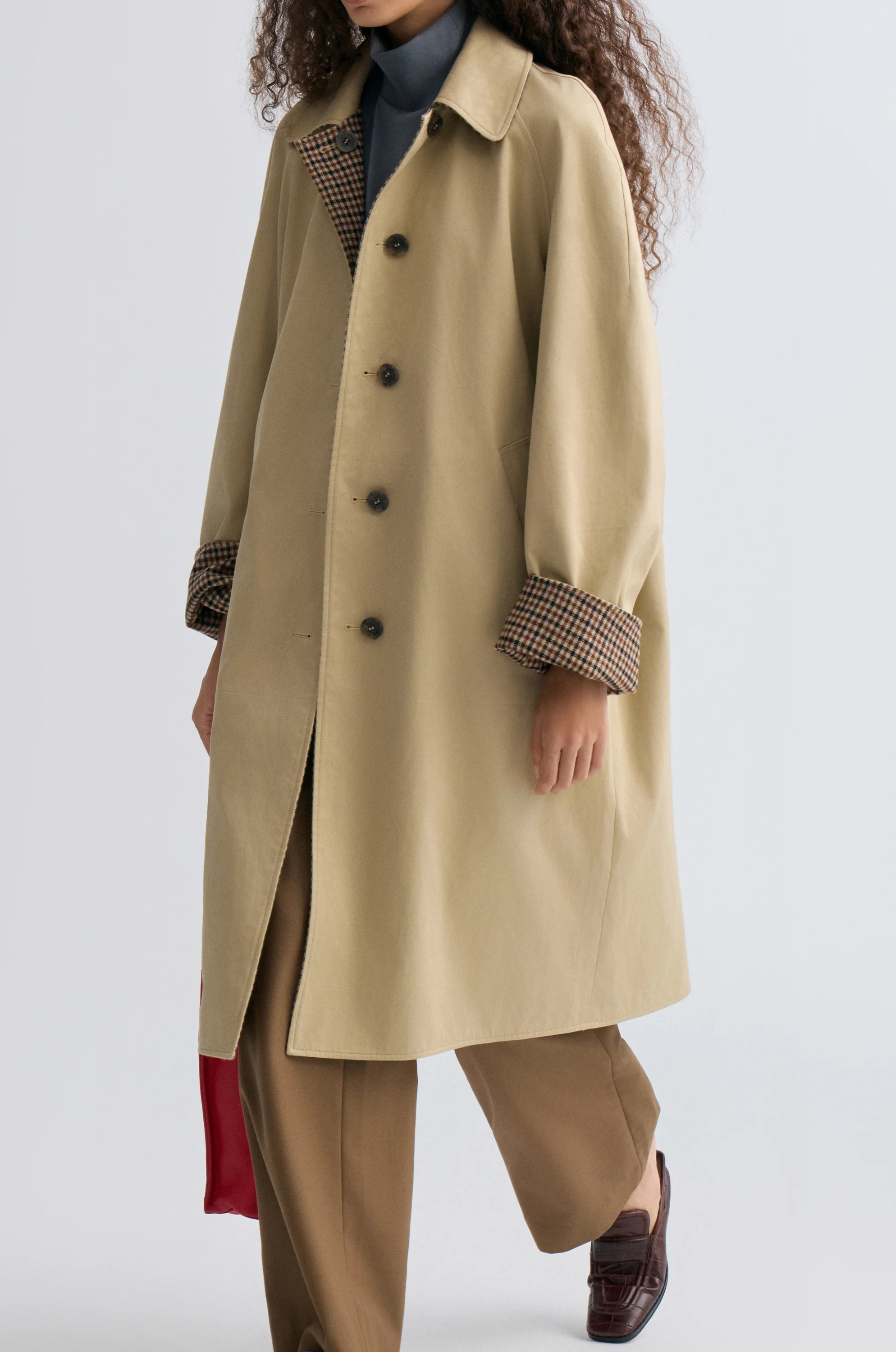 Reversible Twill and Check Trench Coat Beige - Image 11
