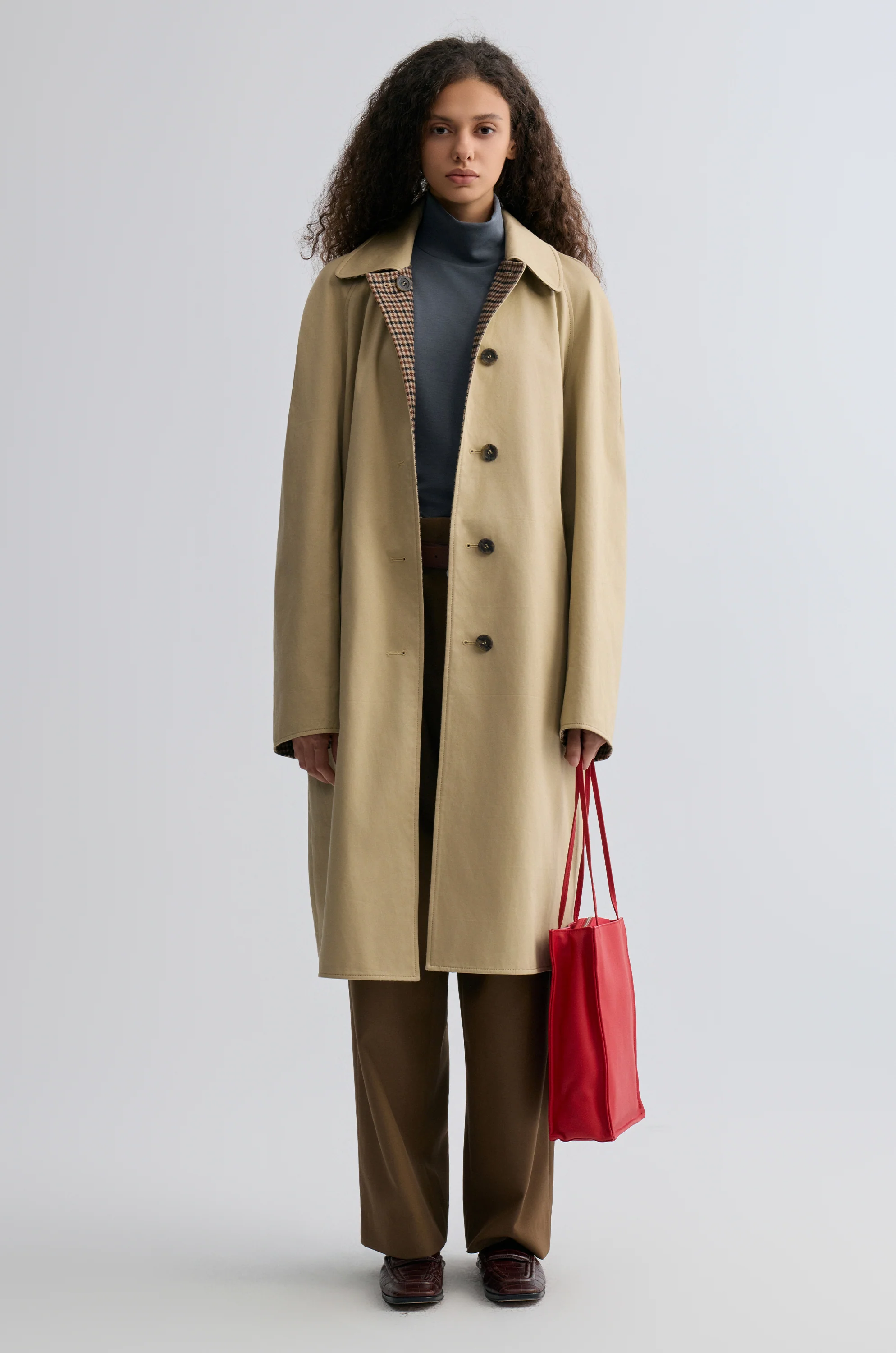 Reversible Twill and Check Trench Coat Beige - Image 3