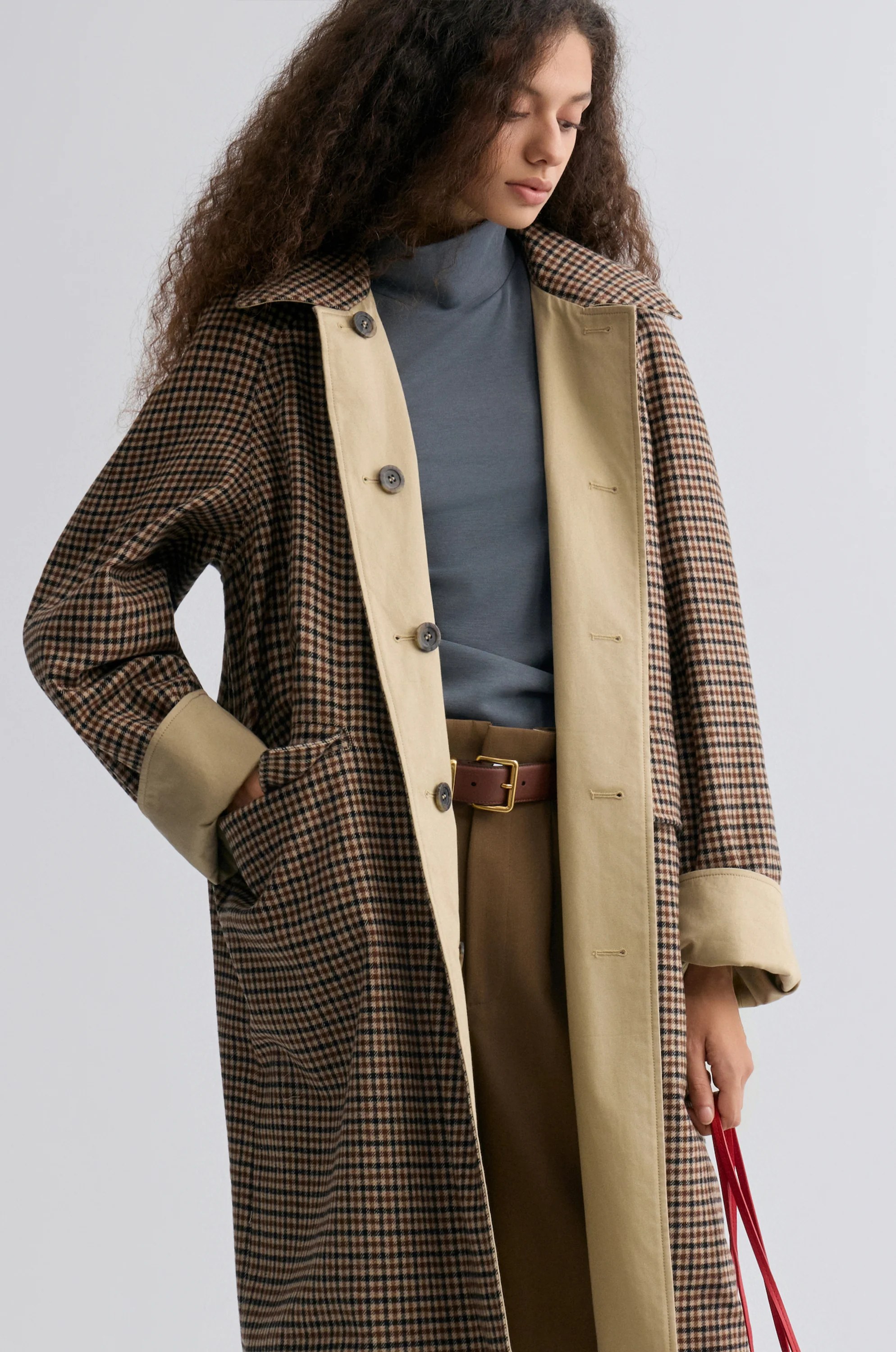 Reversible Twill and Check Trench Coat Beige - Image 8