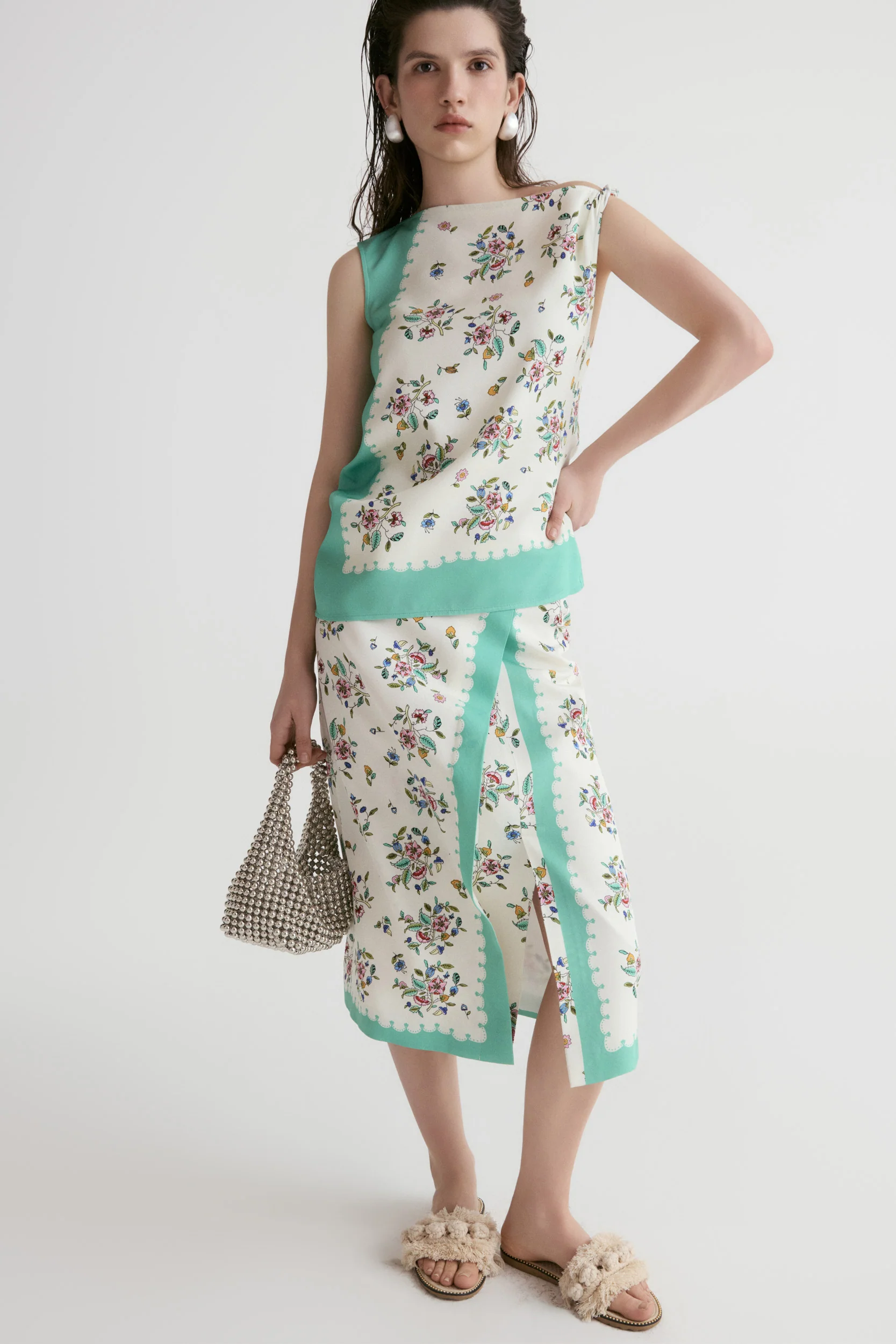 Scarf-print Front Slit Midi Skirt