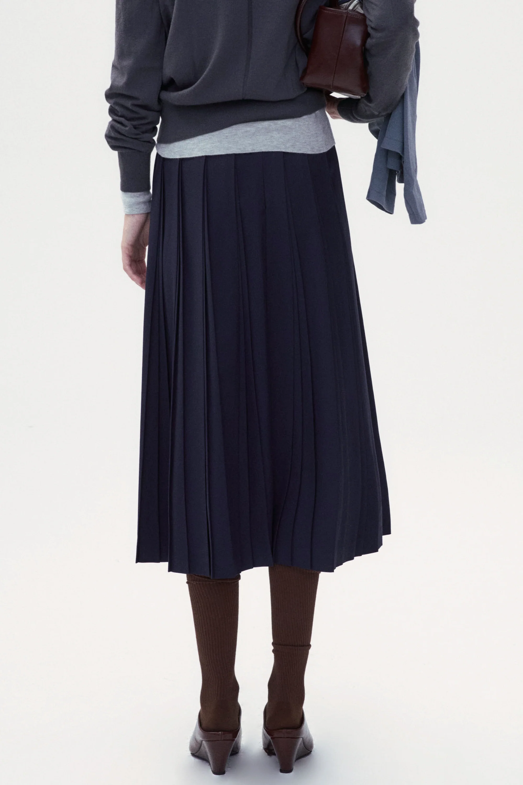 Wool Blend A-shape Pleated Skirt - Navy blue - Image 3
