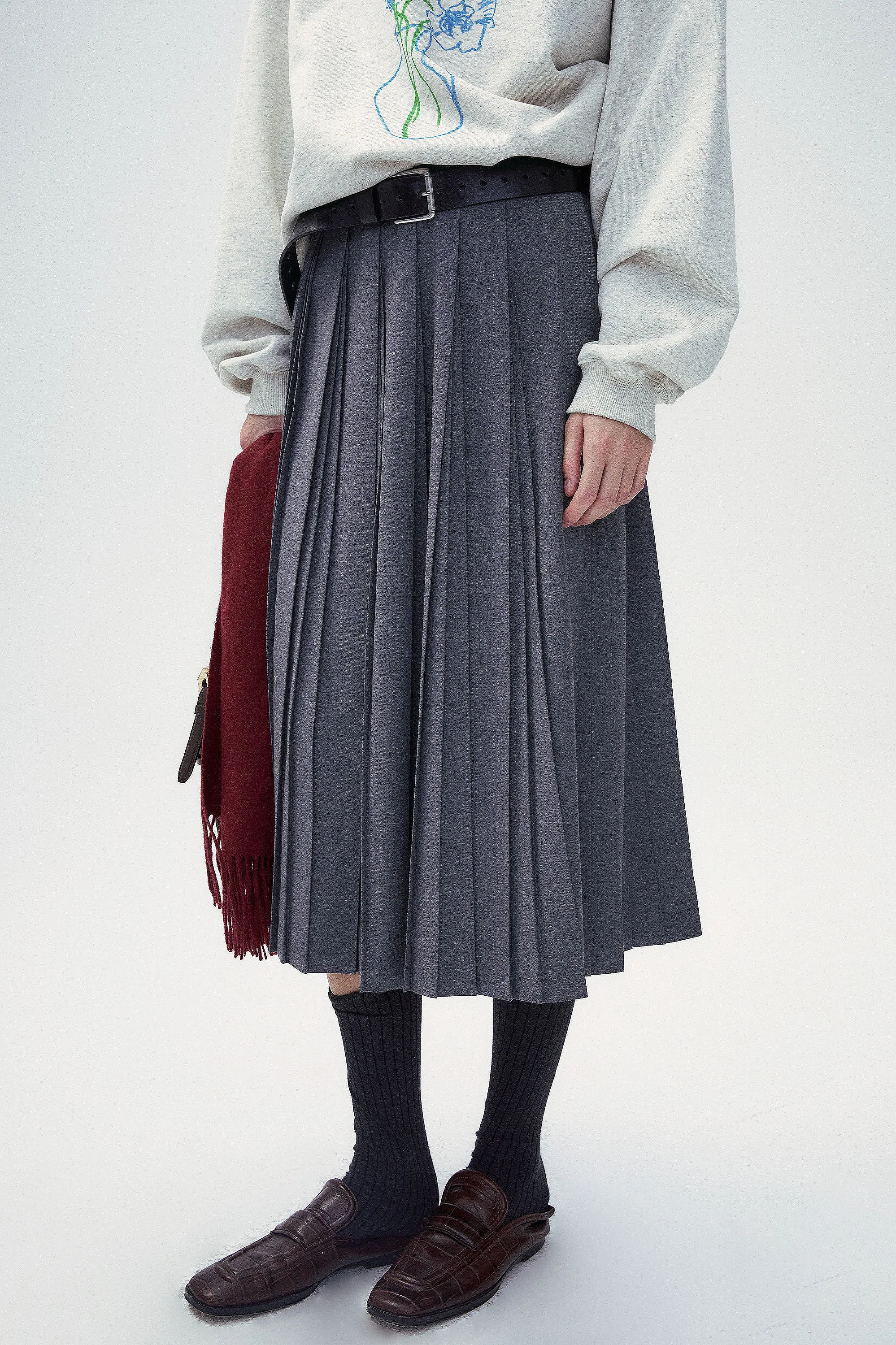Wool Blend A-shape Pleated Skirt - Navy blue - Image 6