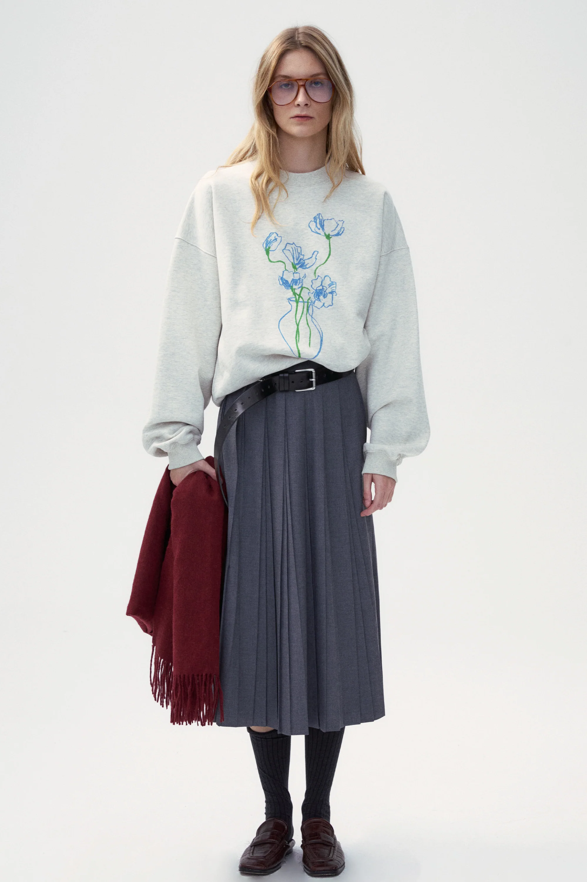 Wool Blend A-shape Pleated Skirt - Navy blue - Image 7
