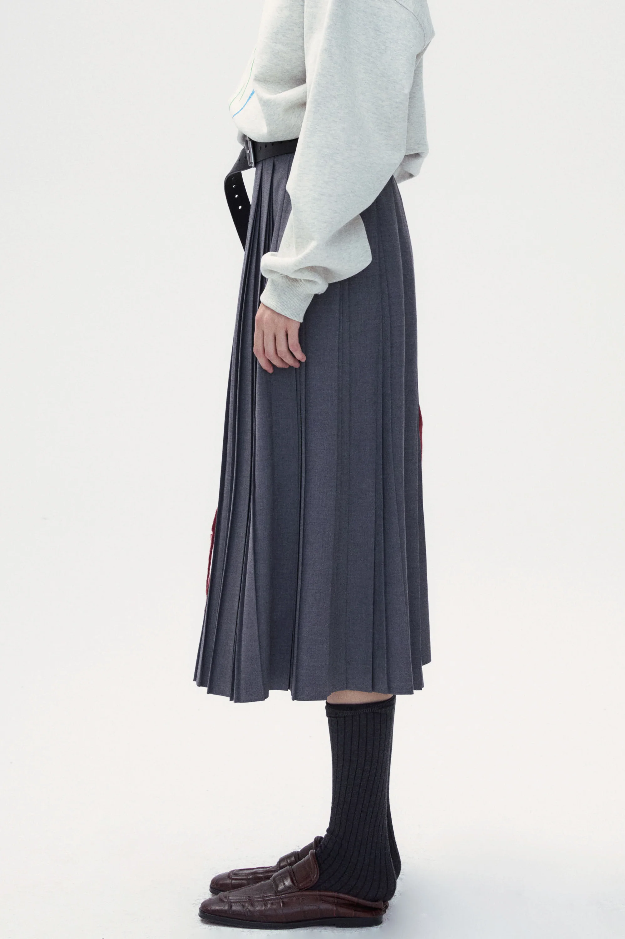 Wool Blend A-shape Pleated Skirt - Navy blue - Image 8
