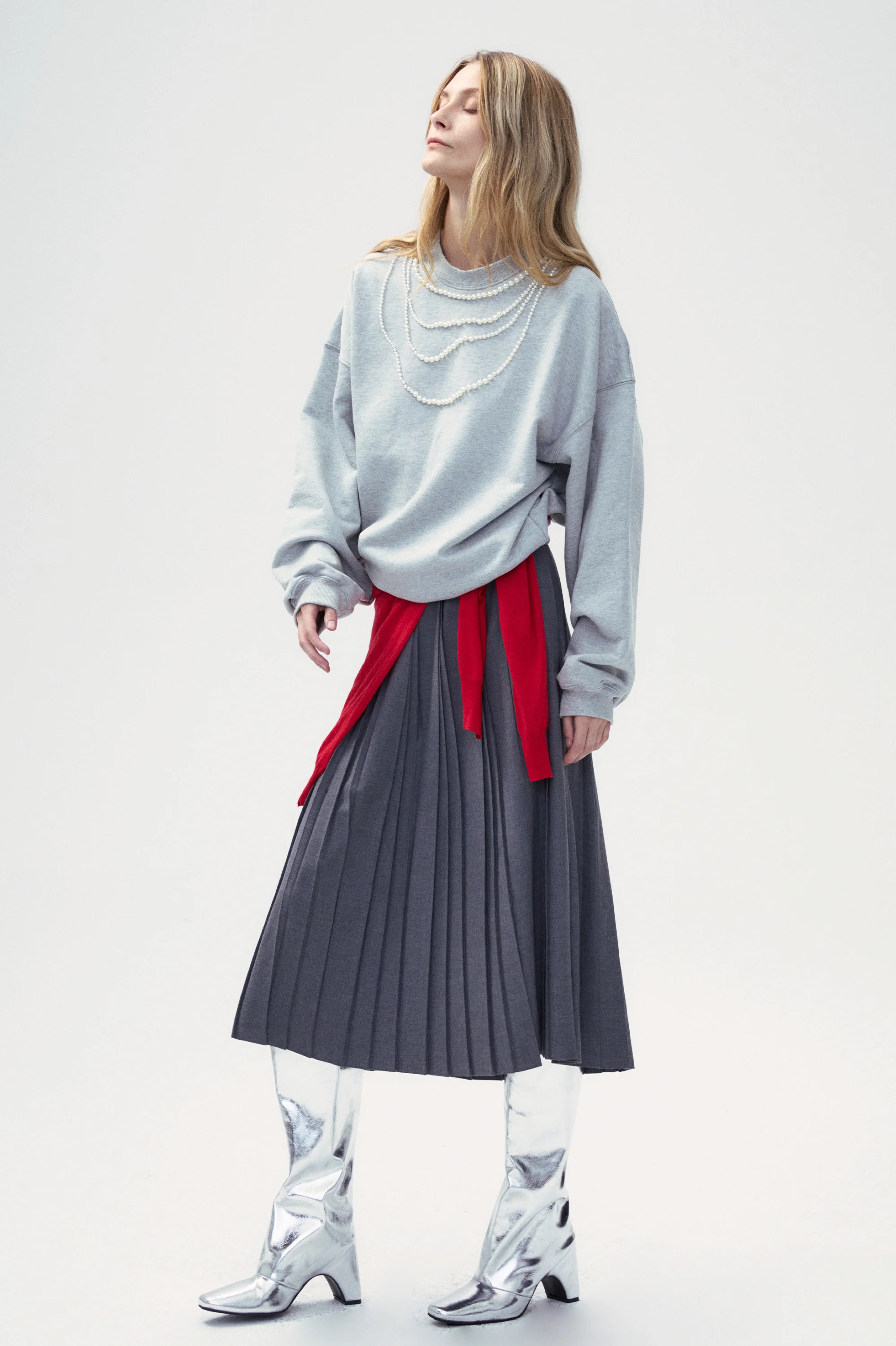 Wool Blend A-shape Pleated Skirt - Navy blue - Image 9