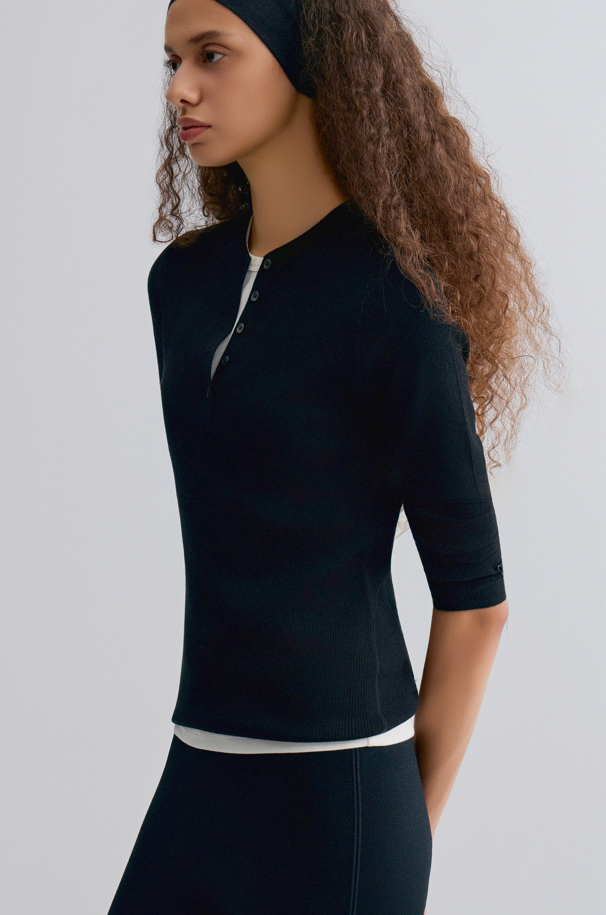Superfine Merino Wool Knit Henley Black - Image 4