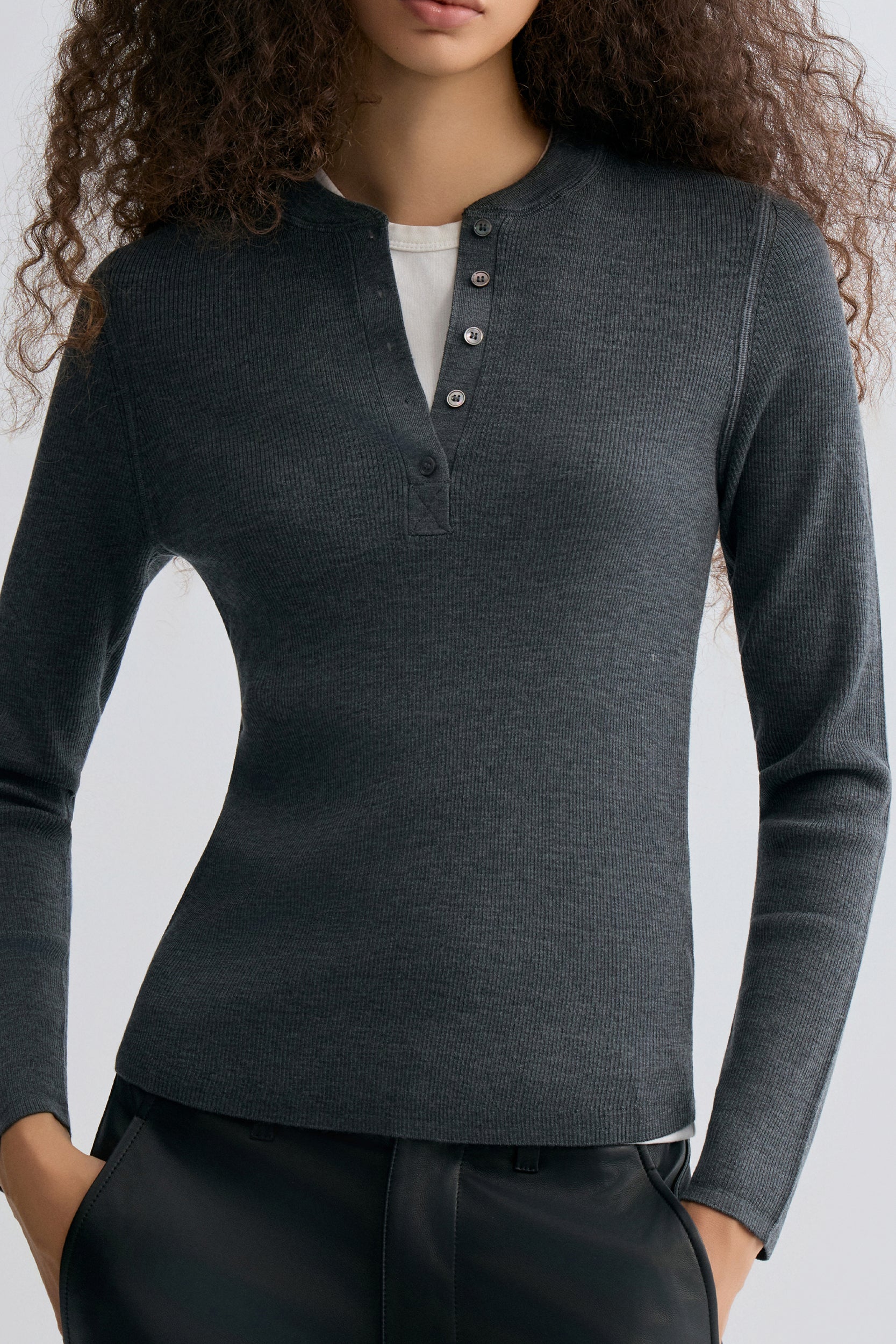 Superfine Merino Wool Knit Henley Grey Melange - Image 2