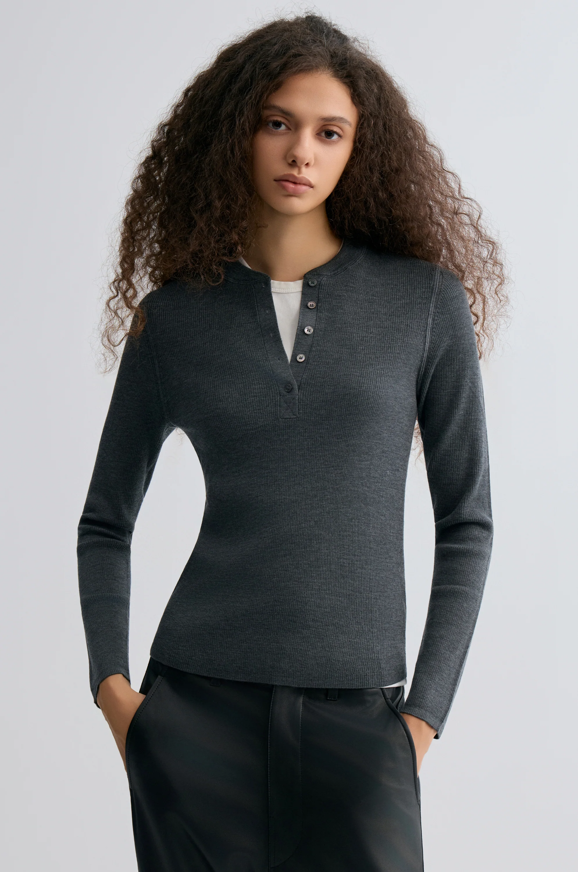 Superfine Merino Wool Knit Henley Grey Melange - Image 3