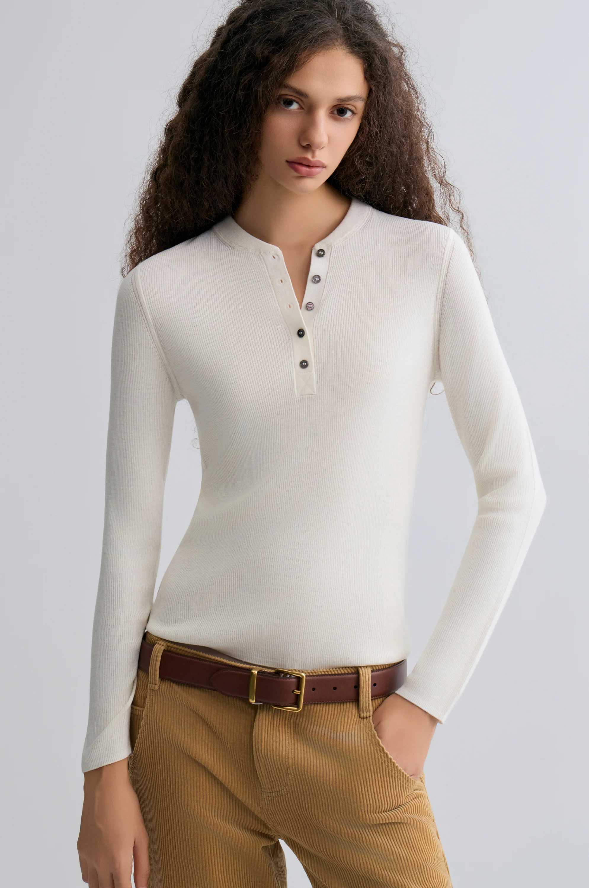 Superfine Merino Wool Knit Henley Off- white - Image 5