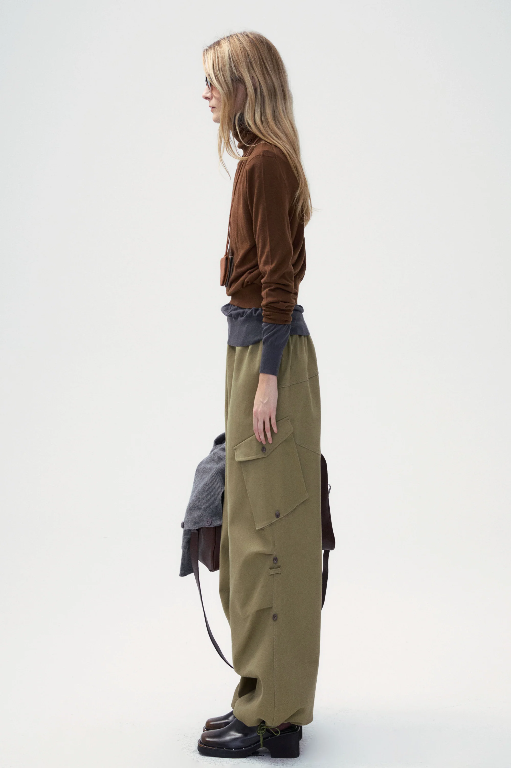 Khaki Cotton Twill Cargo Wide Pants - Image 4