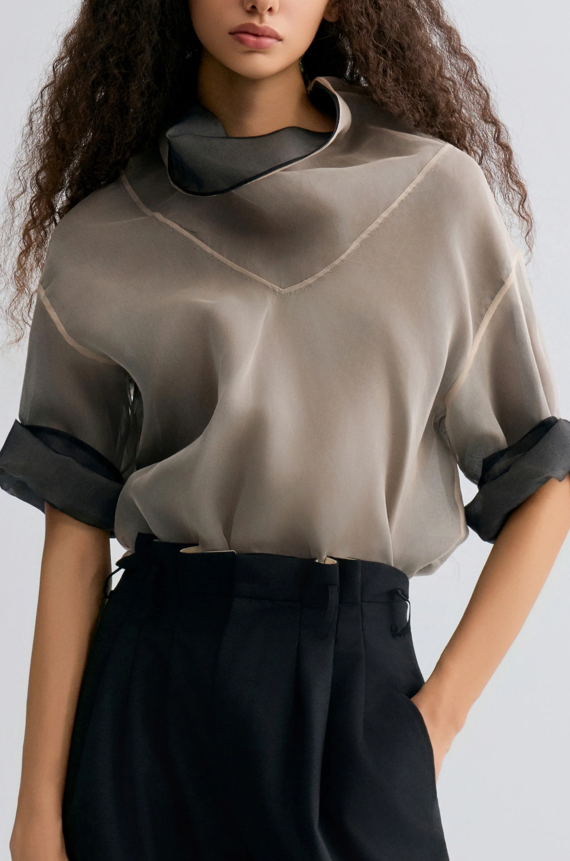 Two-tone Reversible Organza Blouse in silk Black - Image 12