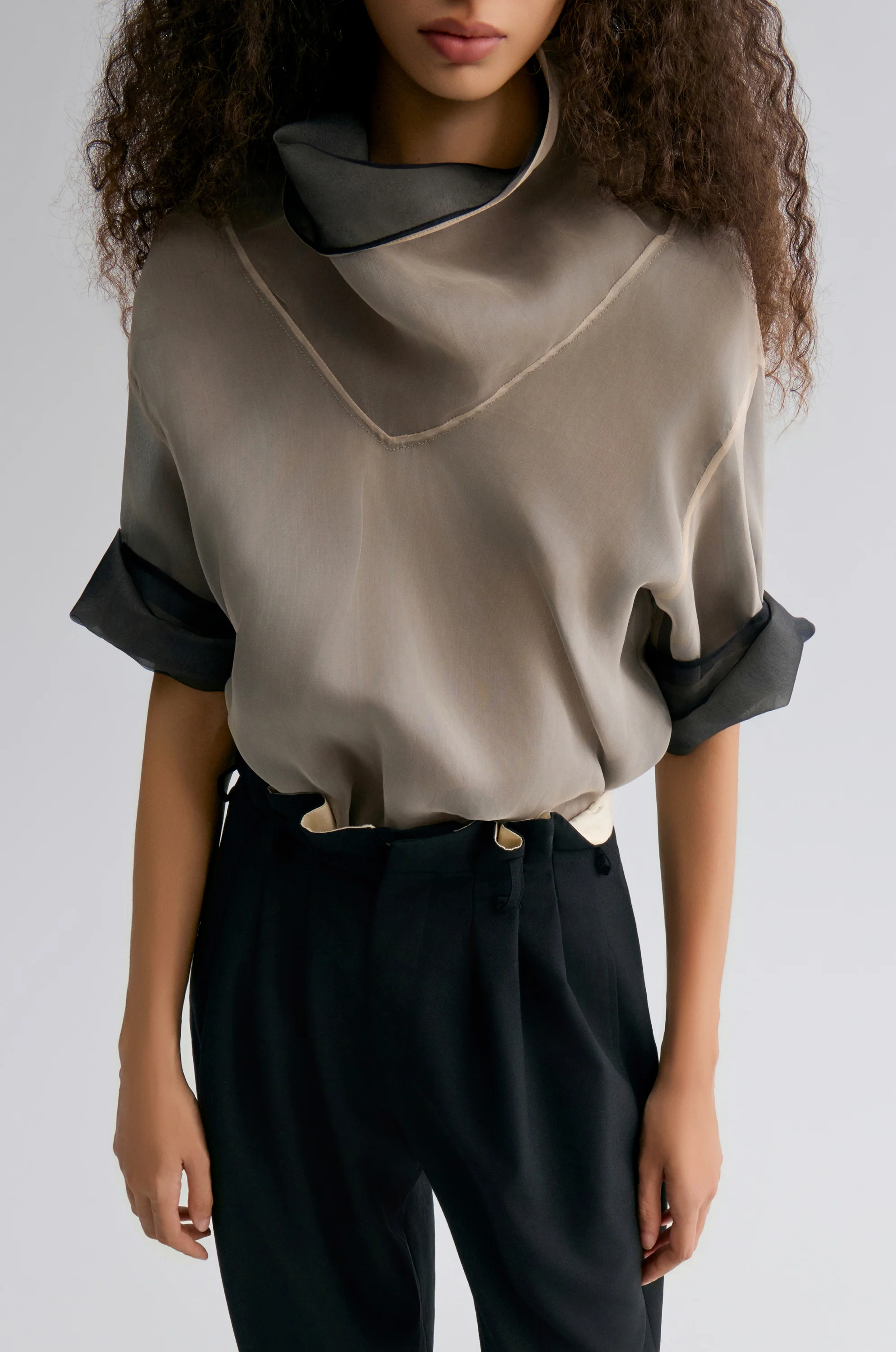 Two-tone Reversible Organza Blouse in silk Black - Image 9