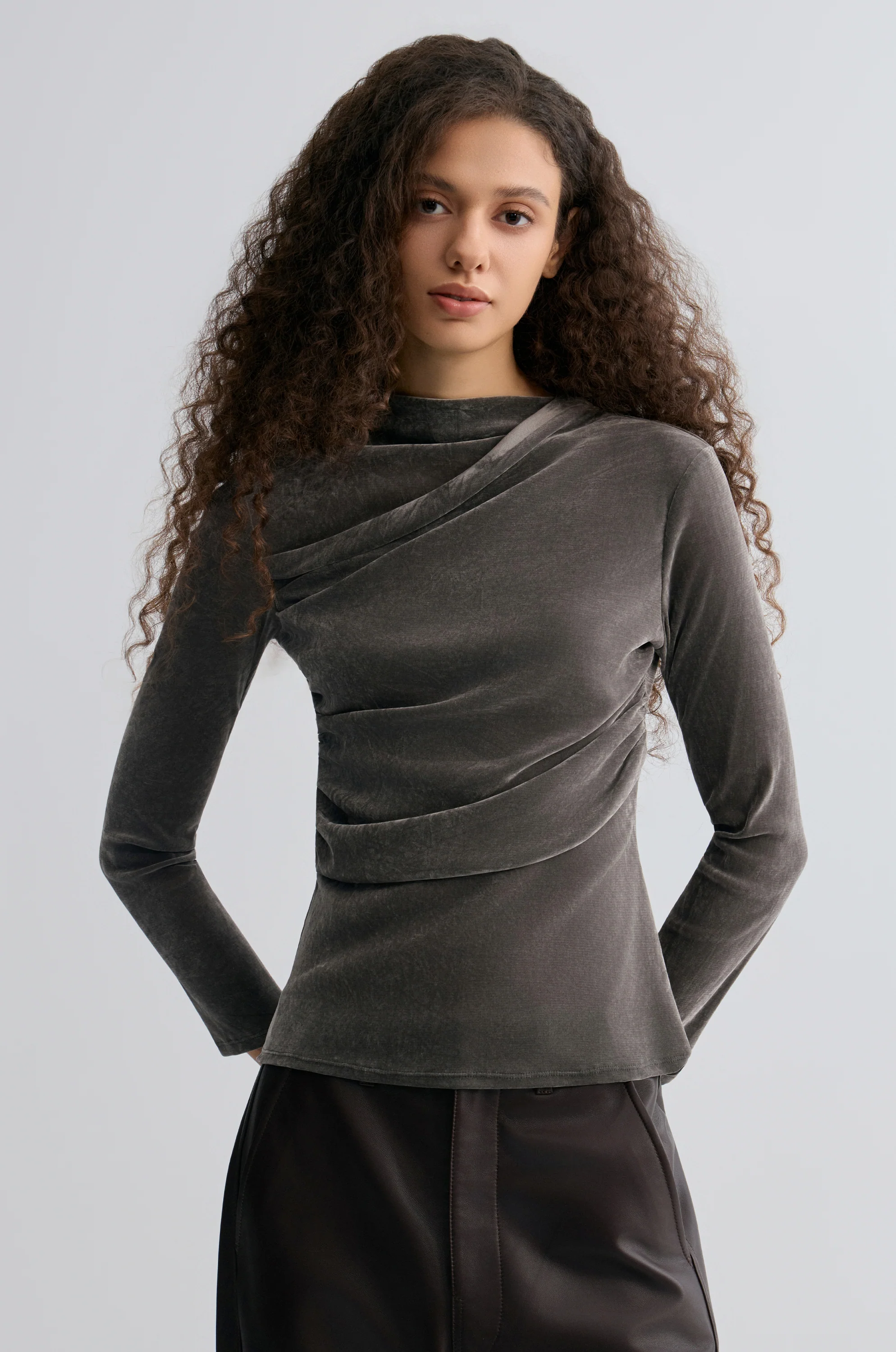 Velvet Mesh Asymmetric Draped Top Faded Grey - Image 3
