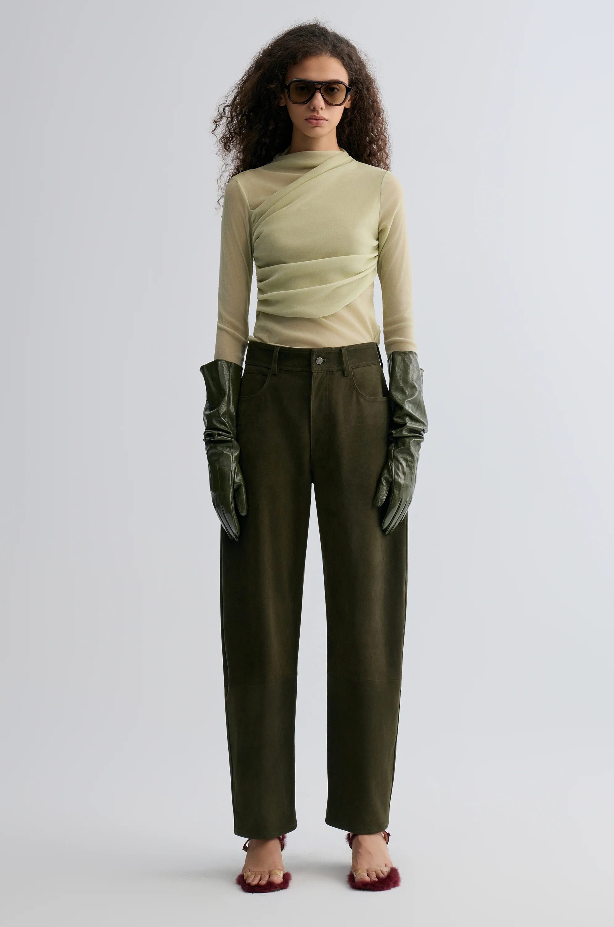 Velvet Mesh Asymmetric Draped Top Lime - Image 3