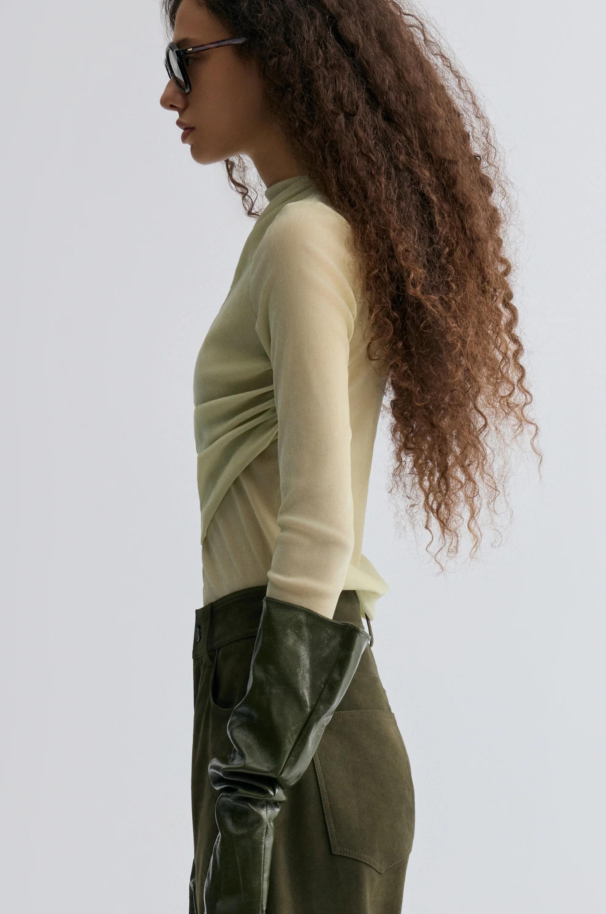 Velvet Mesh Asymmetric Draped Top Lime - Image 4