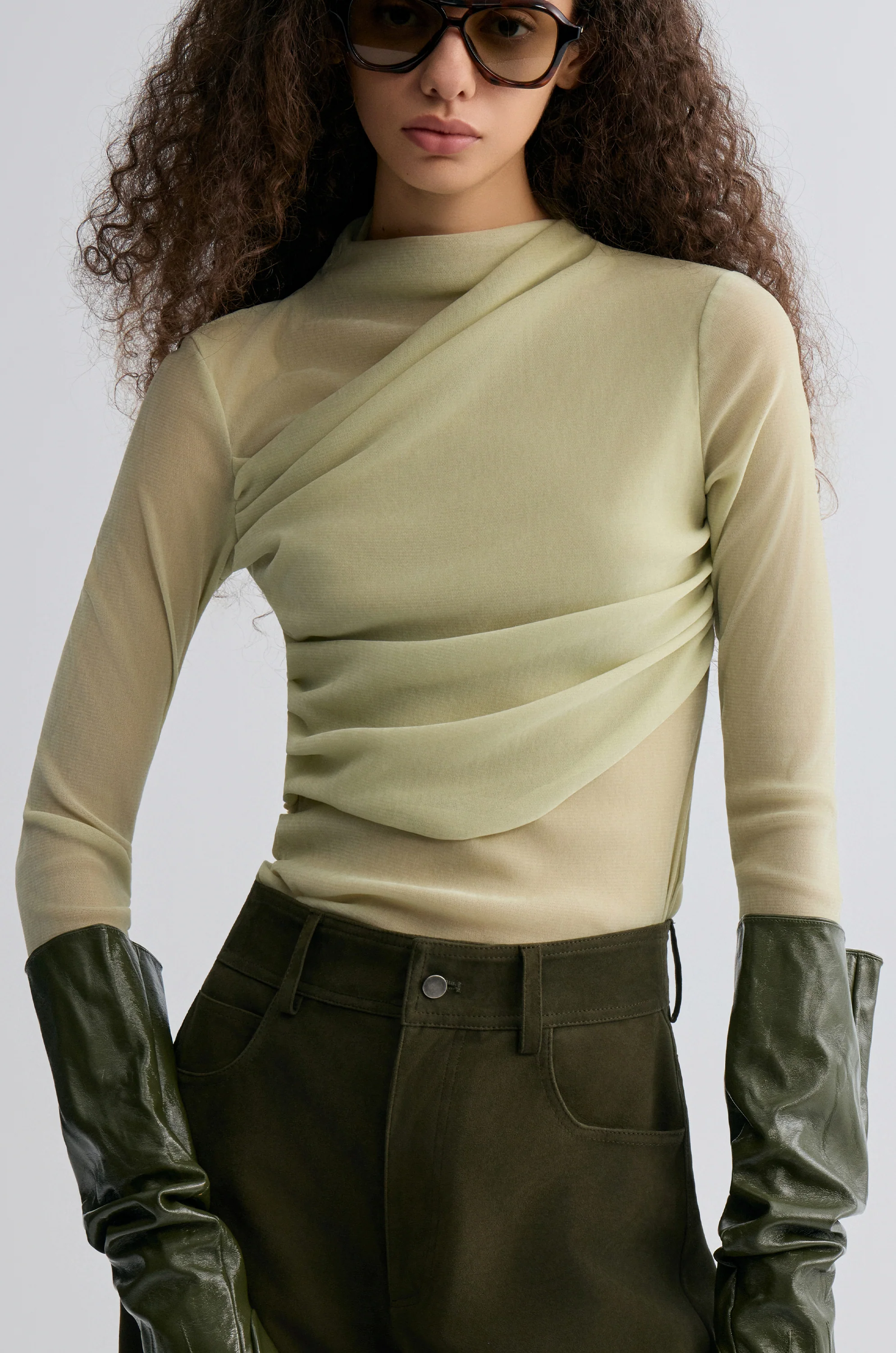 Velvet Mesh Asymmetric Draped Top Lime - Image 6