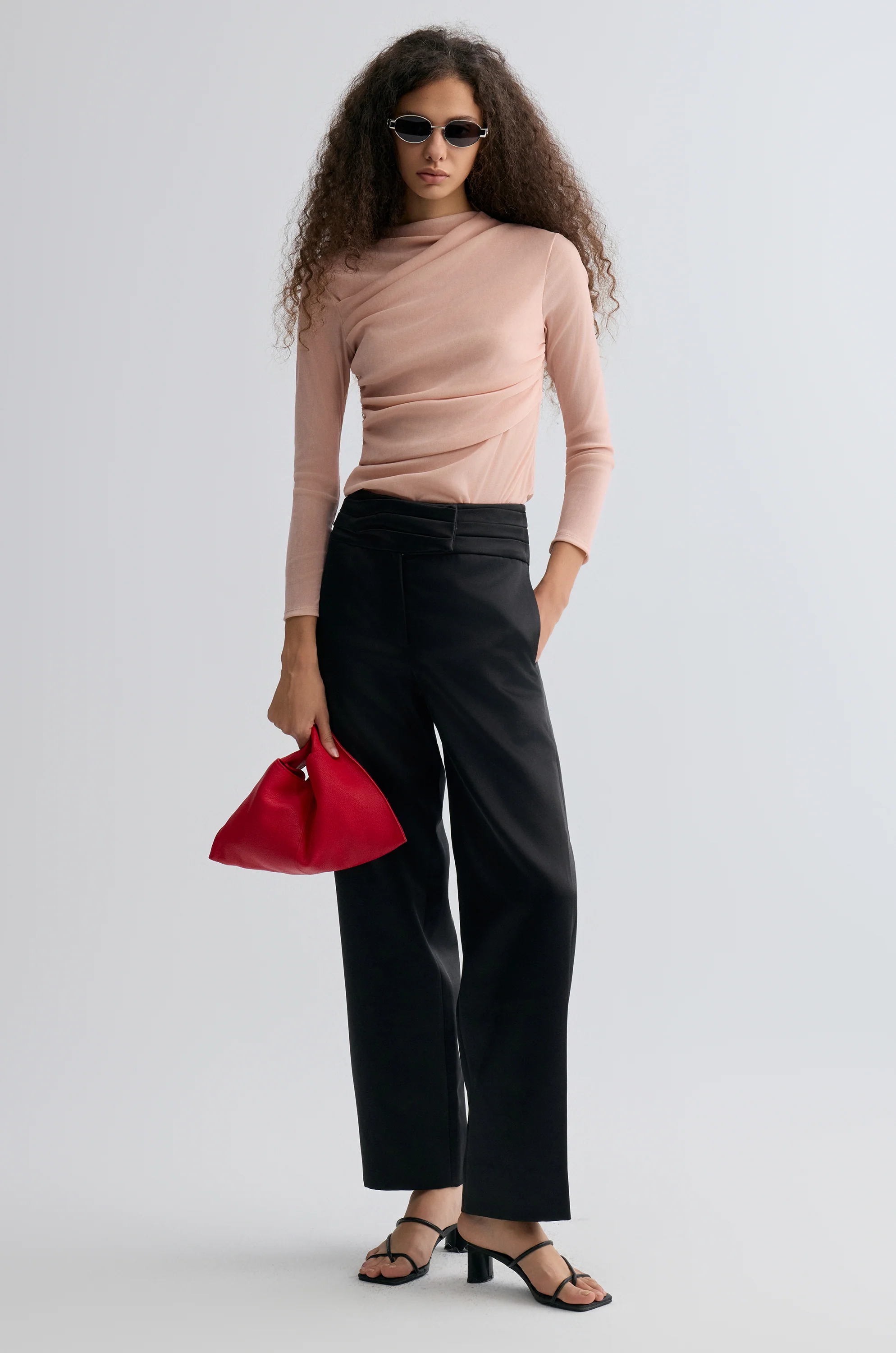 Velvet Mesh Asymmetric Draped Top Misty Rose - Image 4